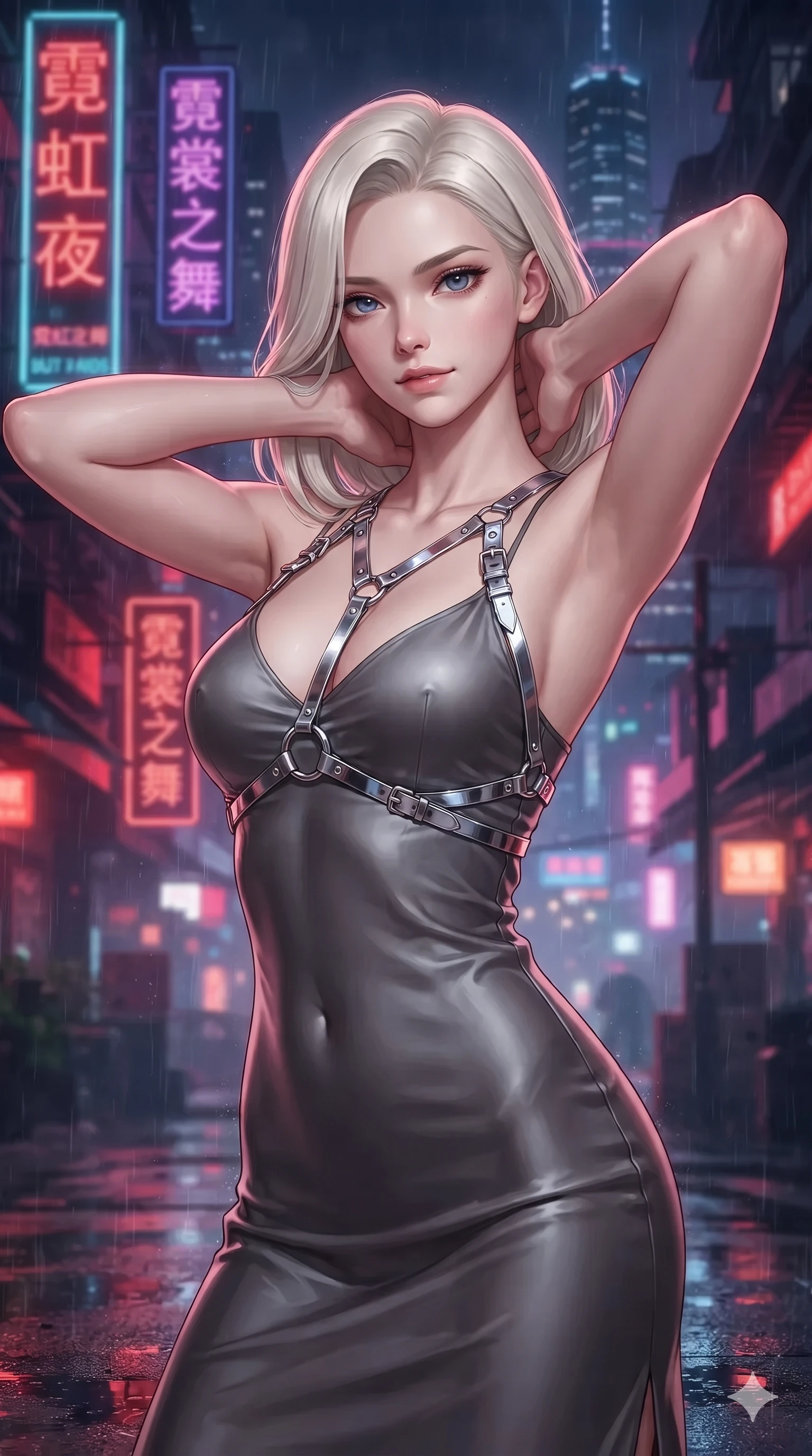 score_9, masterpiece, best quality, ultra-detailed, high-budget anime keyframe, editorial fashion photography, tasteful artistic composition, Caucasian woman. close-up cowboy shot from the waist and thighs up, the character dominates the composition, filling the frame with her large presence. resting both hands lightly behind her neck with elbows raised, arching her spine to highlight her narrow waist, flat midriff, and breathtaking collarbones while twisting her slender torso in an alluring contrapposto, vibrant scarlet and violet billboard reflections tracing her flat midriff and hourglass curves. The background shows a soft-focus colossal vertical neon Chinese character signs, illuminated skyscrapers, and dense flying rain mist blurred into scarlet, violet, and obsidian bokeh. She has an exceptionally elegant, slender, and willowy female figure with an ultra-slim waist, flat toned midriff, narrow ribcage, and sculpted feminine hips creating an alluring, slim hourglass silhouette without bulk. sharp v-shaped jawline, high-bridge nose, intricate jewel-like sparkling eyes with depth, thick eyelashes, glossy parted lips with a natural sheen, intensely captivating and seductive bedroom-eyes expression, exuding both youthful cute charm and sovereign luxury allure, flawlessly proportioned anatomical accuracy, strict slender model proportions, natural body alignment, perfectly sculpted long slender limbs, ultra-slim waistline, clean dynamic posture without body distortion. wearing a form-contouring gossamer silk chiffon slip dress with a hip-high slit and open cowl back clinging with dewy moisture in charcoal grey and polished chrome, woven from high-density tech-wool with subtle metallic thread weave, accented with a chrome-drop body harness subtly framing her dewy collarbones and spine, the precision-cut side openings and low-back scoop framing her graceful spine and the sensual sweep of her slim, toned hips. bathed in the intense, high-saturation glow of multi-colored neon signage reflecting off wet surfaces. ultra-reflective glossy finish, specular highlights, rich textural contrasts, high-contrast stereoscopic depth, volumetric dynamic lighting, 2k, ultra detail, master piece, 9:16 ratio