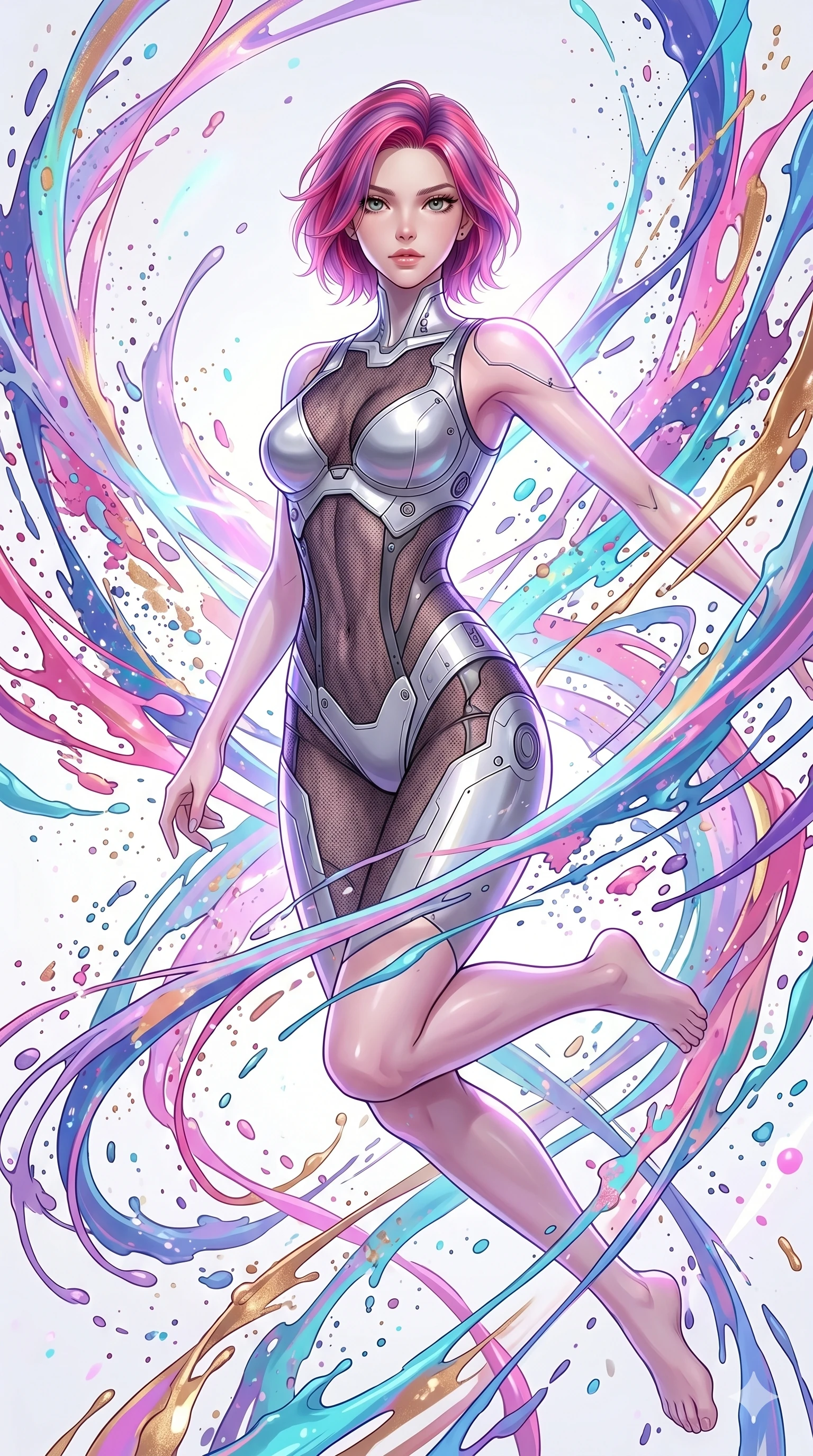 score_9, masterpiece, best quality, ultra-detailed, high-budget anime keyframe, Caucasian woman, strictly human ears. upper body close-up from the thighs up, character filling the screen for maximum presence. leaping into a vorticist paint splatter dimension where thousands of vivid acrylic paint ribbons and splatters swirl around her in a white gallery void. She has an absolutely perfect 8-heads proportion, an exceptionally tall and slender female figure with impossibly long slender legs and an ultra-slim waist. V-shaped jawline, high-bridge nose, intricate jewel-like eyes with depth, thick eyelashes, glossy lips with a natural sheen.. wearing a bionic chrome plate bodysuit, featuring silver chrome plates covering the bust and hips, connected by sheer black mesh panels. enhanced by a luminous pastel spectrum glow, casting elegant rim lights on her shoulders and jawline. 2k, ultra detail, master piece, 9:16 ratio