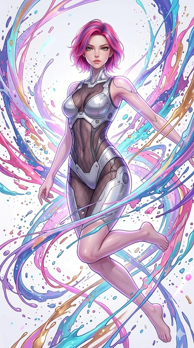 score_9, masterpiece, best quality, ultra-detailed, high-budget anime keyframe, Caucasian woman, strictly human ears. upper body close-up from the thighs up, character filling the screen for maximum presence. leaping into a vorticist paint splatter d