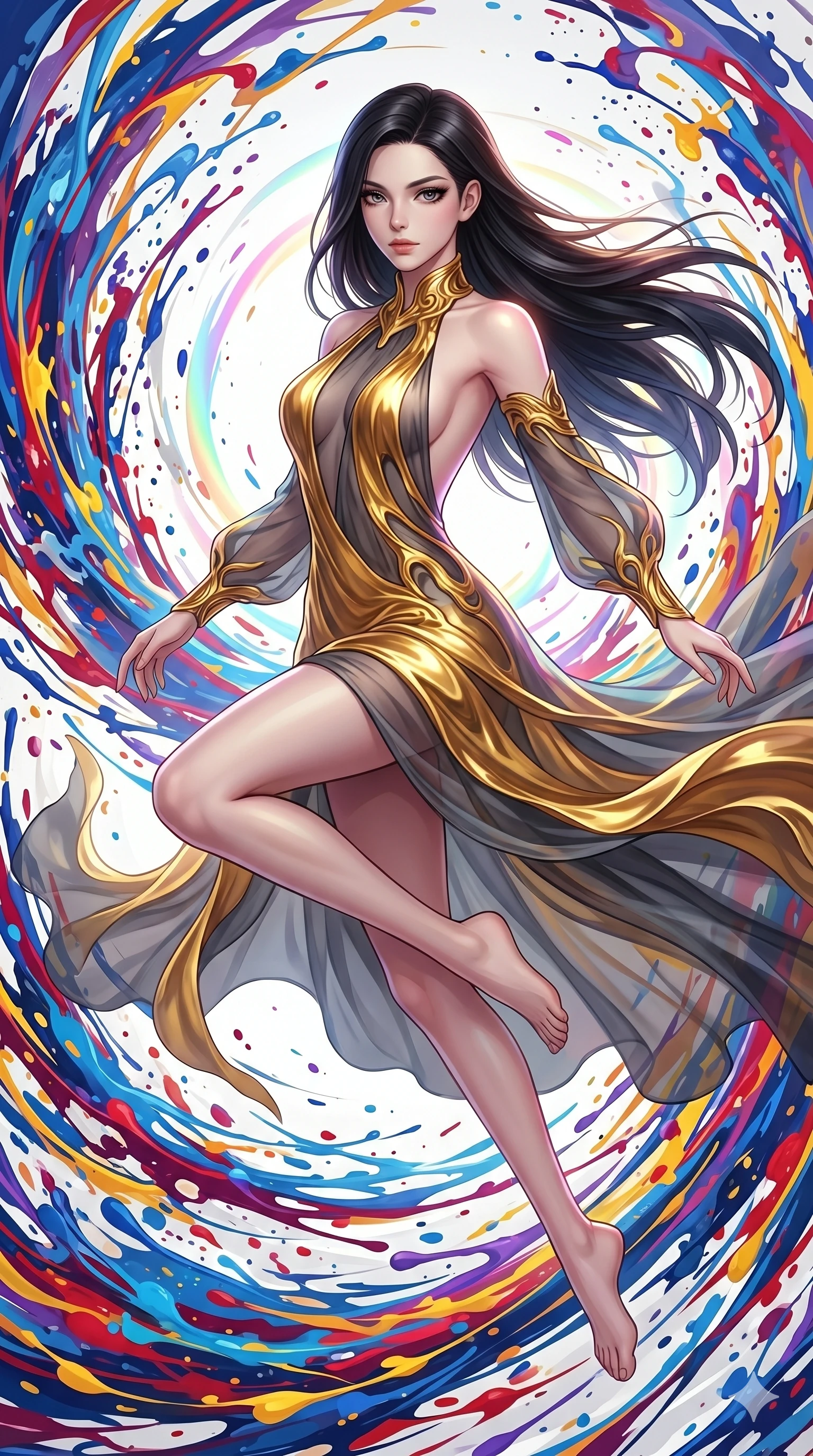 score_9, masterpiece, best quality, ultra-detailed, high-budget anime keyframe, Caucasian woman, strictly human ears. upper body close-up from the thighs up, character filling the screen for maximum presence. leaping into a vorticist paint splatter dimension where thousands of vivid acrylic paint ribbons and splatters swirl around her in a white gallery void. She has an absolutely perfect 8-heads proportion, an exceptionally tall and slender female figure with impossibly long slender legs and an ultra-slim waist. V-shaped jawline, high-bridge nose, intricate jewel-like eyes with depth, thick eyelashes, glossy lips with a natural sheen.. wearing a molten gold and chiffon gown, featuring organic liquid gold collar and cuffs on a translucent charcoal-gray halter neck chiffon gown with a deep backless design. enhanced by a luminous pastel spectrum glow, casting elegant rim lights on her shoulders and jawline. 2k, ultra detail, master piece, 9:16 ratio