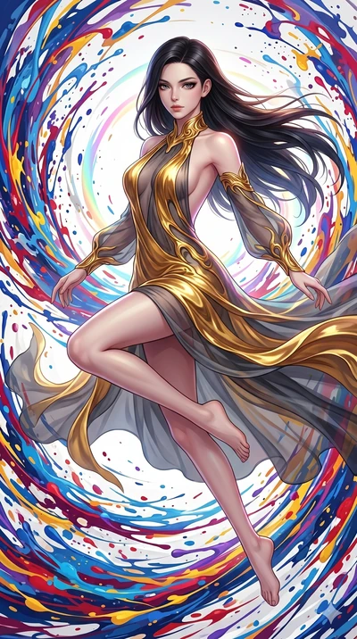 score_9, masterpiece, best quality, ultra-detailed, high-budget anime keyframe, Caucasian woman, strictly human ears. upper body close-up from the thighs up, character filling the screen for maximum presence. leaping into a vorticist paint splatter d