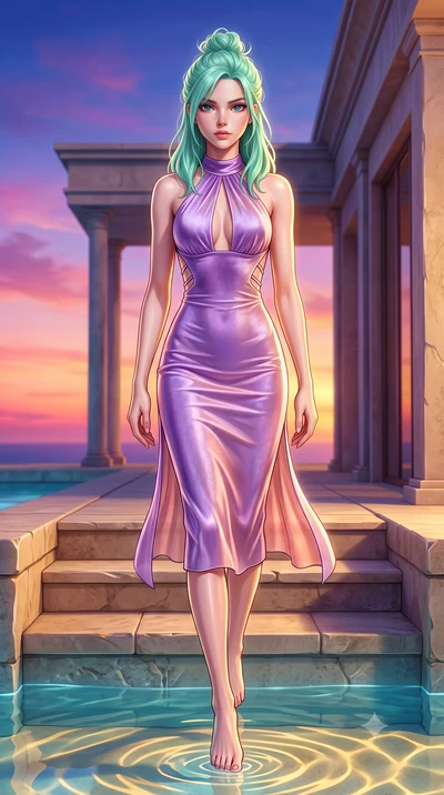 score_9, masterpiece, best quality, ultra-detailed, high-budget anime keyframe, semi-realistic 3D game render, editorial fashion photography, tasteful artistic composition, Japanese woman. low angle full-body shot from head to toe showing her feet, f