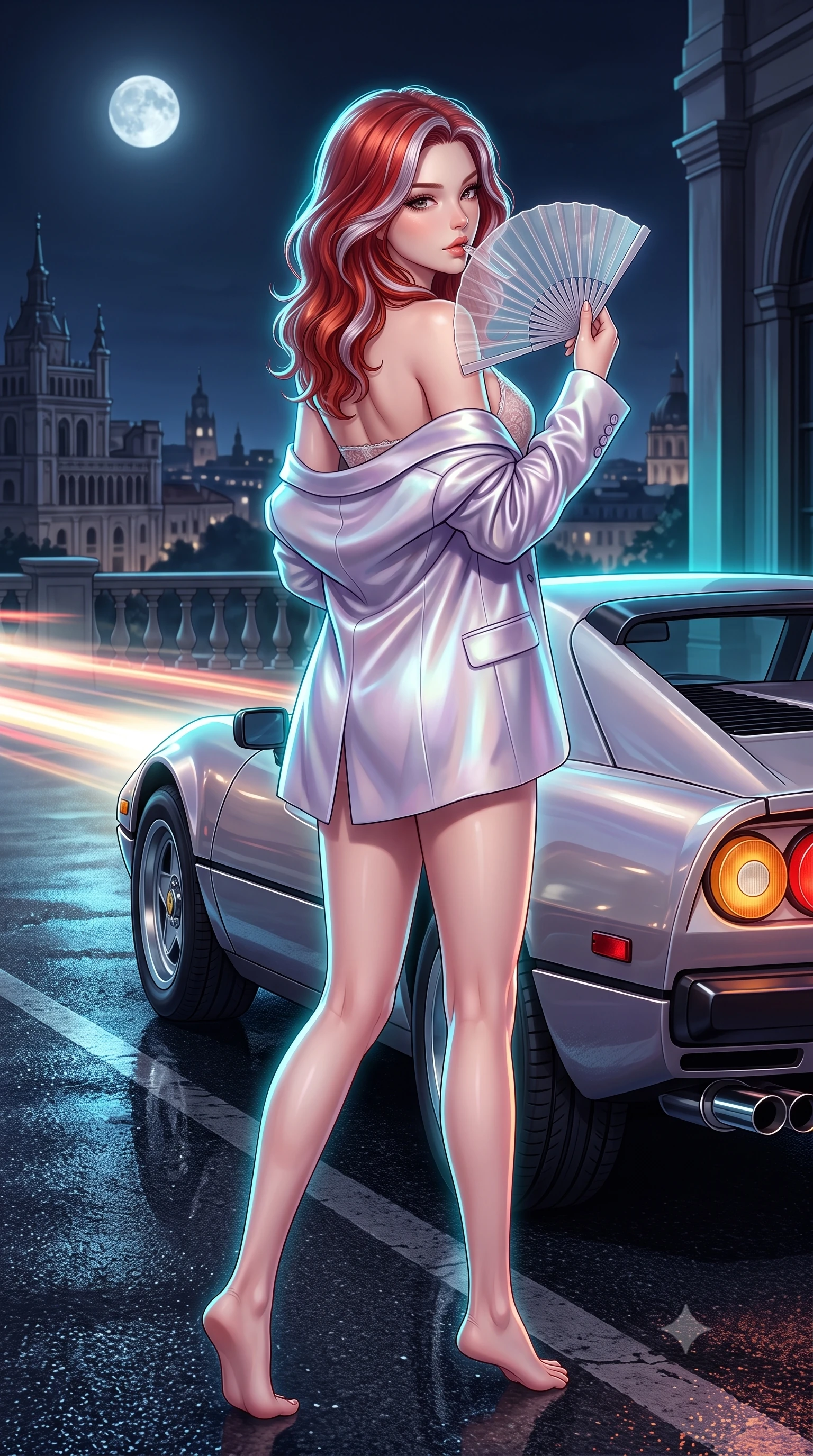 score_9, masterpiece, best quality, ultra-detailed, high-budget anime keyframe, semi-realistic 3D game render, editorial fashion photography, tasteful artistic composition, Caucasian woman. low angle full-body shot from head to toe showing her feet, filling the entire 9:16 vertical frame with her statuesque presence, stretching her vertical silhouette. walking along the moonlit terrace with poise, looking back over her bare shoulder with an irresistible smoldering bedroom-gaze while standing poised beside a sleek retro sports car parked on the shoulder, arching her back with dangerous 80s city-pop glamour. The surrounding environment is rendered in vivid detail and crisp panoramic clarity: sharp retro car pop-up headlight housings, wet asphalt texture, and chrome exhaust pipe gleam in deep focus. She has an absolutely perfect, statuesque 8.5-heads proportion, an exceptionally tall and slender model-like female figure with impossibly long slender legs, an ultra-slim waist, a flat toned midriff, narrow delicate ribcage, and beautifully sculpted feminine hips creating a graceful, slim hourglass silhouette without any bulky heaviness. sharp v-shaped jawline, high-bridge nose, sparkling eyes with hypnotic seductive depth, thick curled eyelashes, glossy parted lips with a natural dewy peach sheen, alluring bedroom-eyes with an enchanting coquettish smile, exuding magnetic siren charisma and sophisticated glamour, flawlessly proportioned anatomical accuracy, strict slender model proportions, natural body alignment, perfectly sculpted long slender limbs, ultra-slim waistline, clean dynamic posture without body distortion. wearing a delicate sheer floral lace teddy layered under an open tailored oversized blazer draped casually over bare shoulders in iridescent mother-of-pearl and misty lavender, crafted from fluid liquid silk satin that clings smoothly to every curve with a dewy sheen, finished with a transparent silk folding fan held gracefully near her glossy parted lips, the second-skin tailored fabric adhering flawlessly to her sculpted flat midriff and slender torso, emphasizing her long leg lines and perfectly proportioned willowy build. illuminated by passing car headlight streaks and sharp electric-cyan rim lights defining her razor-sharp jawline, narrow waist, and curvy hips. highly saturated vibrant anime colors, detailed shading with soft gradients, rich glossy textures, high-contrast stereoscopic depth, volumetric dynamic lighting, master piece, 9:16 ratio