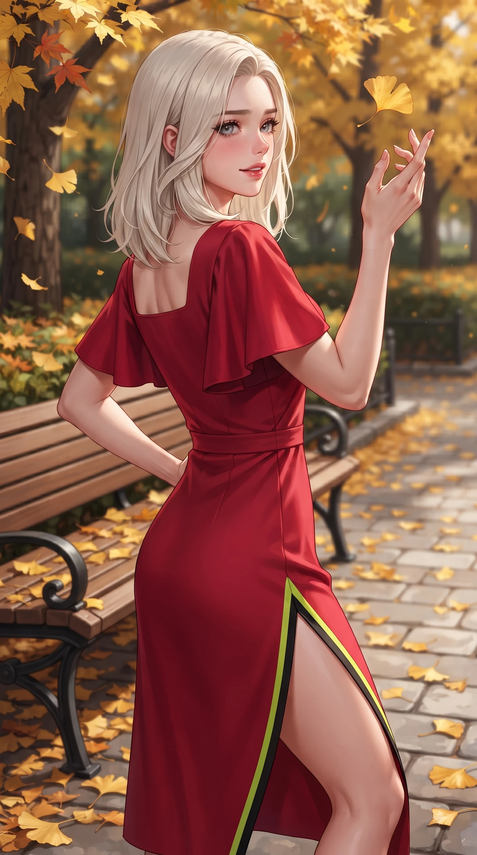 score_9, masterpiece, best quality, ultra-detailed, high-budget anime keyframe, editorial fashion photography, tasteful artistic composition, Caucasian woman. close-up cowboy shot from the waist and thighs up, the character dominates the composition, filling the frame with her large presence. Subtle lingering regret in her eyes, looking back over her shoulder with an emotional, reluctant glance while reaching up playfully to catch a golden ginkgo leaf in mid-air with a joyful smile. The surrounding environment is rendered in vivid detail and crisp panoramic clarity. intricate leaf vein textures, classic wooden park benches, and stone park paths in sharp resolution. She has an exceptionally elegant, slender, and willowy female figure with an ultra-slim waist, a gracefully sculpted slender torso, and a refined silhouette. sharp v-shaped jawline, high-bridge nose, intricate jewel-like eyes with depth, thick eyelashes, glossy lips with a natural sheen, flawlessly proportioned anatomical accuracy, natural body alignment, perfectly sculpted elegant limbs, clean dynamic posture without body distortion. wearing a sleek ruby red wrap midi dress featuring a tasteful side leg slit in bright lime green and sleek jet black, tailored from structured wool crepe with clean lines, featuring elegant flutter sleeves and a graceful square neckline, the form-contouring material accentuating her ultra-slim waist and long lines. surrounded by a crisp, romantic, and vibrant autumn editorial atmosphere. ultra-reflective glossy finish, specular highlights, metallic sheen, high-contrast stereoscopic depth, volumetric dynamic lighting, 2k, ultra detail, master piece, 9:16 ratio