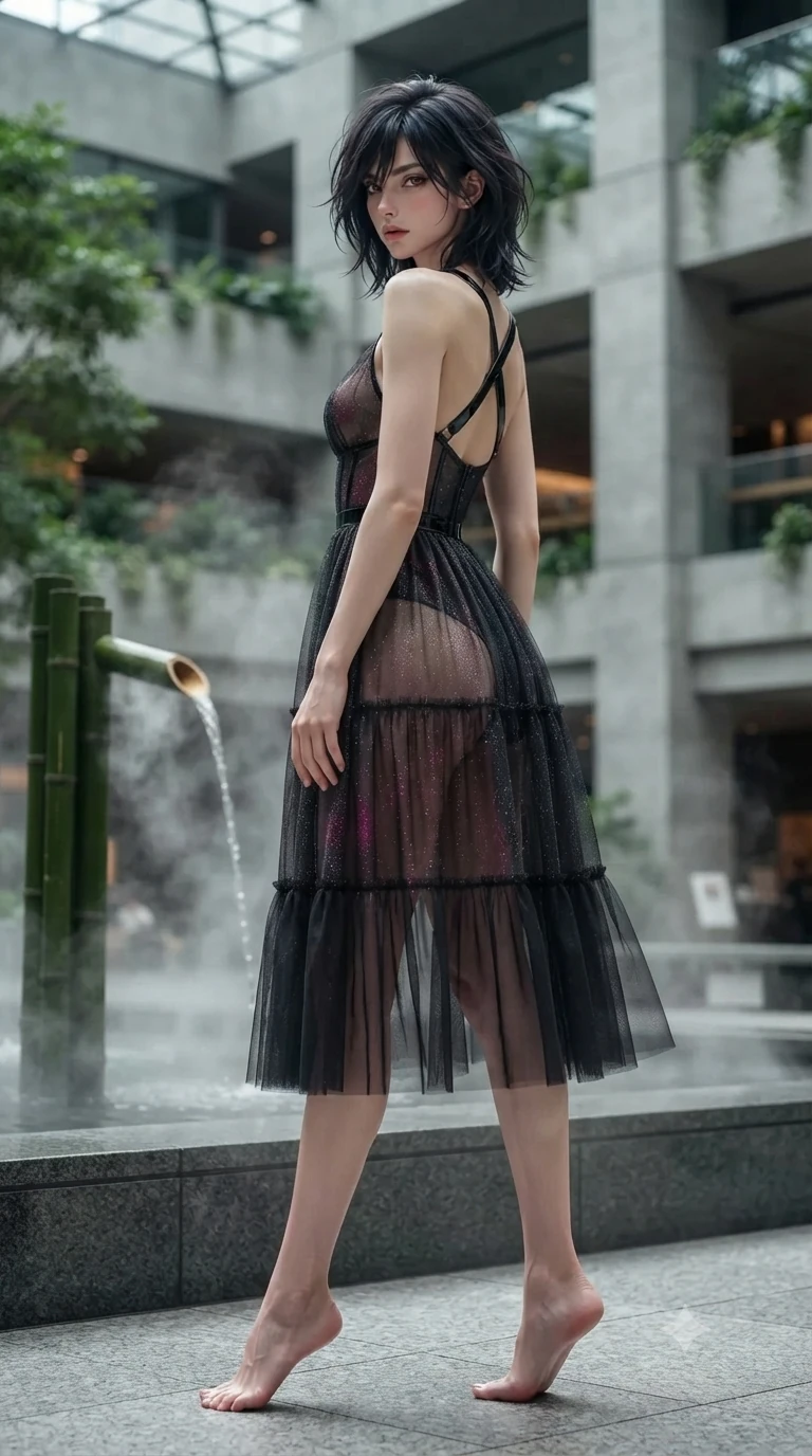 score_9, masterpiece, best quality, ultra-detailed, high-budget anime keyframe, editorial fashion photography, tasteful artistic composition, Caucasian woman. low angle full-body shot from head to toe showing her feet, filling the entire 9:16 vertical frame with her statuesque presence, stretching her vertical silhouette. executing a slow, elegant turn as her liquid gown flutters around her slender legs, glancing over her shoulder with an intoxicating, seductive bedroom-gaze while twisting her slender torso in an alluring S-curve beside the indoor bamboo rain fountain, water ripples tracing her flat midriff and hips. The background shows a soft-focus monumental Tokyo modern atrium softened in architectural shallow focus. She has an exceptionally tall and slender model-like 8.5-heads proportion, an ultra-slim waist, a flat toned midriff, narrow delicate ribcage, and beautifully sculpted feminine hips creating a graceful, slim hourglass silhouette without any bulky heaviness, with impossibly long slender legs. sharp v-shaped jawline, high-bridge nose, intricate jewel-like dark sparkling eyes with dangerous depth, thick curled eyelashes, glossy parted lips with a rich wine sheen, smoldering seductive half-smile with bedroom-eyes, exuding effortless superiority and intoxicating dark allure, flawlessly proportioned anatomical accuracy, strict slender model proportions, natural body alignment, perfectly sculpted long slender limbs, ultra-slim waistline, clean dynamic posture without body distortion. wearing a tiered semi-sheer black tulle and silk slip dress with an ultra-slim corseted waist and bare shoulders in wet asphalt charcoal and neon magenta reflections, woven from metallic lurex thread casting subtle starlight glints across the fabric, featuring an open-back criss-cross harness strap in patent black leather, the bespoke structured tailoring following the natural line of her 8.5-heads silhouette with refined elegance. illuminated by mirror-polished marble floor bounce and sharp silver-topaz rim lights defining her razor-sharp jawline, narrow waist, and curvy hips. ultra-reflective glossy finish, specular highlights, rich textural contrasts, high-contrast stereoscopic depth, volumetric dynamic lighting, 2k, ultra detail, master piece, 9:16 ratio
