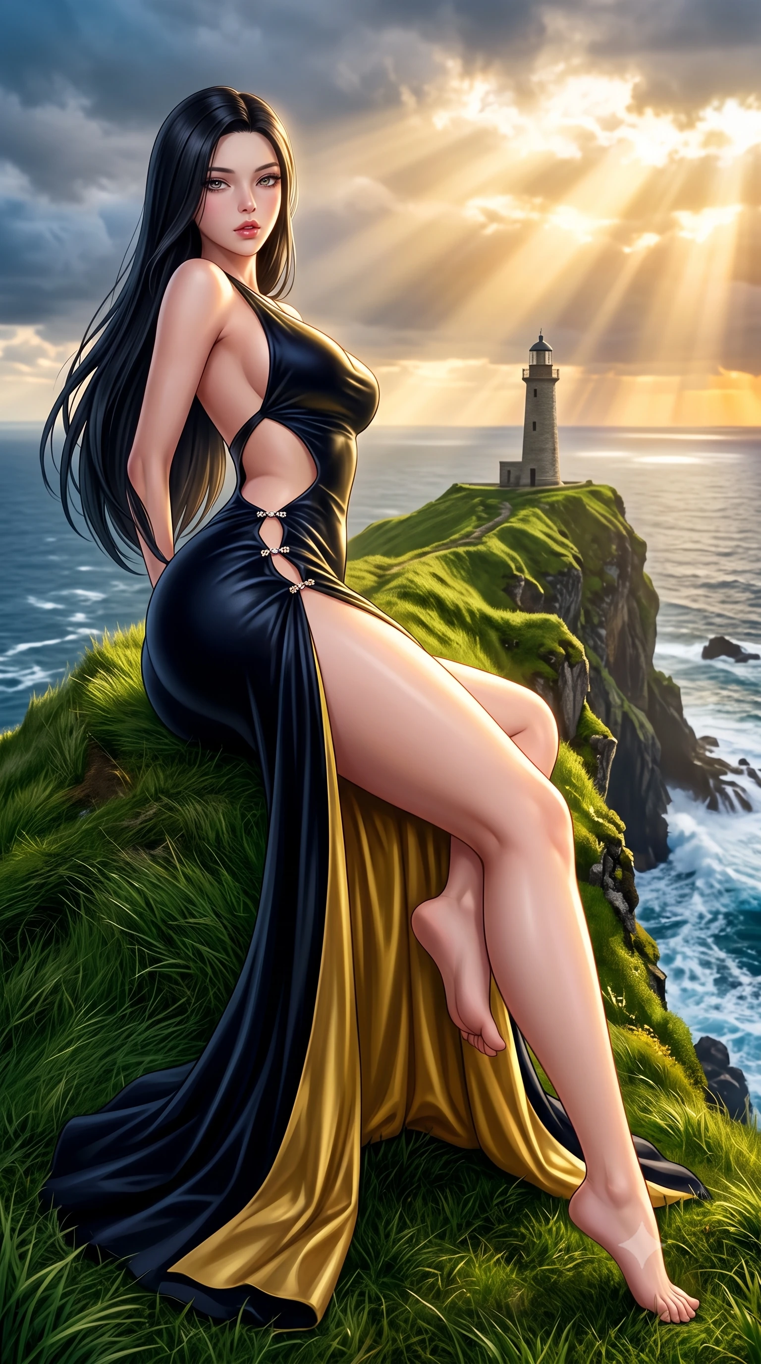 score_9, masterpiece, best quality, ultra-detailed, high-budget anime keyframe, semi-realistic 3D game render, editorial fashion photography, tasteful artistic composition, Korean woman. low angle full-body shot from head to toe showing her feet, filling the entire 9:16 vertical frame with her statuesque presence, stretching her vertical silhouette. reclining on her side in an elegant Cleopatra pose with one knee drawn up, the dramatic contour of her rounded hips and long slender legs commanding the 9:16 vertical frame while standing on the narrow emerald ridge high above the North Atlantic, arching her back as dramatic Nordic storm clouds break into golden sunbeams. The surrounding environment is rendered in vivid detail and crisp panoramic clarity. sharp wind-swept turf textures, weathered lighthouse stone seams, and crashing sea foam spray in deep focus. She has an exceptionally tall and slender model-like 8.5-heads proportion, an ultra-slim waist, a flat toned midriff, narrow delicate ribcage, and beautifully sculpted feminine hips creating a graceful, slim hourglass silhouette without any bulky heaviness, with impossibly long slender legs. sharp v-shaped jawline, high-bridge nose, intricate jewel-like eyes with depth, thick eyelashes, glossy parted lips with a natural sheen, intensely captivating and seductive bedroom-eyes expression, flawlessly proportioned anatomical accuracy, strict slender model proportions, natural body alignment, perfectly sculpted long slender limbs, ultra-slim waistline, clean dynamic posture without body distortion. wearing a sculptured liquid-satin mermaid gown with an architectural open-waist cutout and bare spine in midnight obsidian black and liquid gold, crafted from heavyweight crushed silk velvet with liquid vintage luster, finished with an ultra-high side slit secured by miniature jeweled clasps, the glove-like aerodynamic silhouette tightly following the natural contour of her hips and long slender legs with statuesque 8.5-heads elegance. bathed in dramatic god-ray sunlight piercing through dark Atlantic storm clouds onto the cliff ridge. highly saturated vibrant anime colors, detailed shading with soft gradients, rich glossy textures, high-contrast stereoscopic depth, volumetric dynamic lighting, master piece, 9:16 ratio