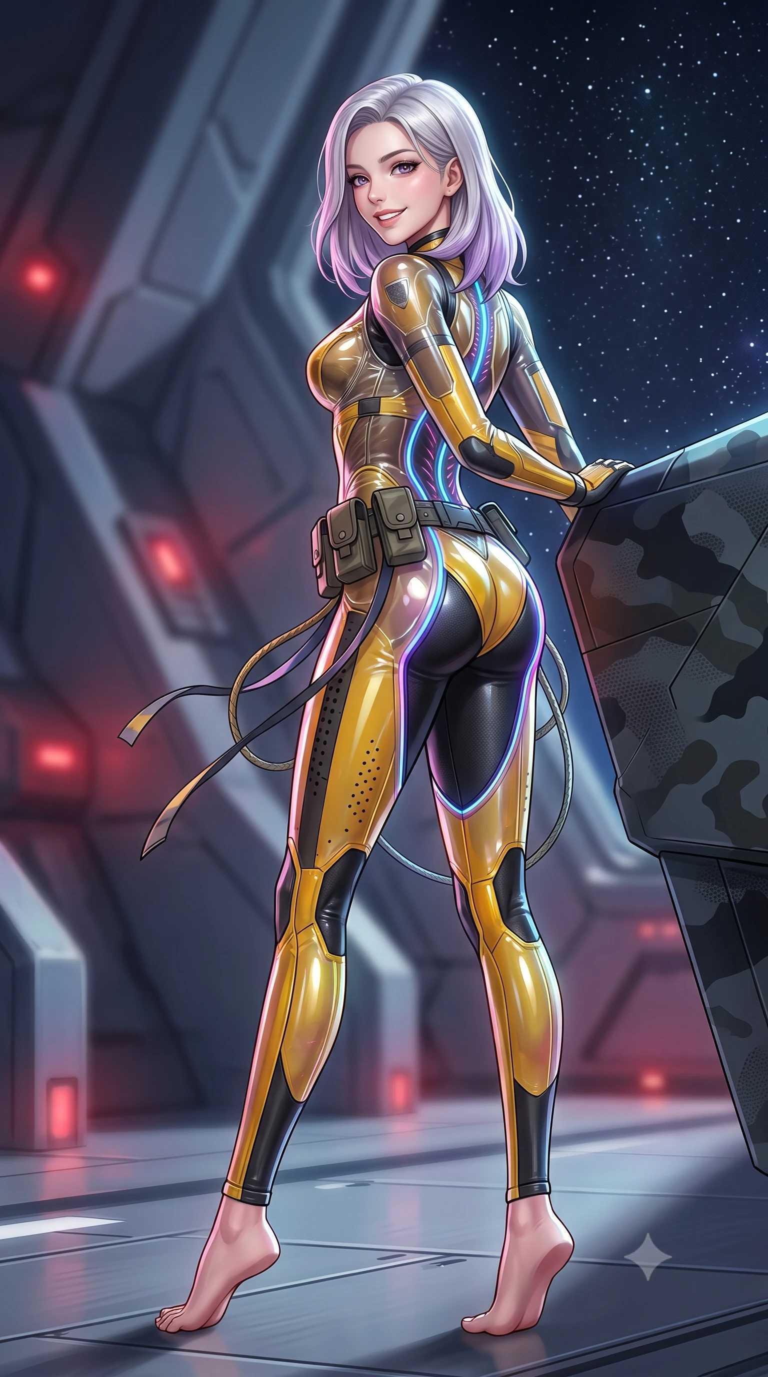 score_9, masterpiece, best quality, ultra-detailed, high-budget anime keyframe, semi-realistic 3D game render, editorial fashion photography, tasteful artistic composition, Caucasian woman. low angle full-body shot from head to toe showing her feet, filling the entire 9:16 vertical frame with her statuesque presence, stretching her vertical silhouette. executing a cheerful mid-motion pivot turn as her tactical belt and ribbons flutter around her slender legs, glancing over her shoulder with an intoxicating, teasing bedroom-gaze while leaning against an active-camo emitter fin with hips cocked back, casting an intoxicating, dangerous bedroom-gaze into the starfield. The background shows a soft-focus angular radar-deflecting cruiser bulkheads and low-intensity red tactical lights softened in covert military shallow focus. She has an absolutely perfect, statuesque 8.5-heads proportion, an exceptionally tall and slender model-like female figure with impossibly long slender legs, an ultra-slim waist, a flat toned midriff, narrow delicate ribcage, and beautifully sculpted feminine hips creating a graceful, slim hourglass silhouette without any bulky heaviness. sharp v-shaped jawline, high-bridge nose, intricate jewel-like sparkling eyes with depth, thick eyelashes, glossy parted lips with a natural sheen, bright confident smile with an enchanting and coquettish sensual glint, exuding both youthful magnetic charm and sovereign high-tech allure, flawlessly proportioned anatomical accuracy, strict slender model proportions, natural body alignment, perfectly sculpted long slender limbs, ultra-slim waistline, clean dynamic posture without body distortion. wearing a translucent high-gloss polymer flight suit with internal luminescent wire filigree and tailored waist cinching in industrial hazard yellow and matte carbon black, made of high-grade ballistic nylon with precision laser-cut perforations, accented with glowing neon fiber-optic piping tracing her spine and hip lines, the liquid-tight tailored fabric clinging flawlessly to her narrow waist and rounded feminine hips, emphasizing every millimeter of her sculpted slim hourglass curves without any bulky heaviness. illuminated by active-camouflage iridescent shimmers and sharp silver rim lights sculpting her razor-sharp jawline, narrow waist, and curvy hips. highly saturated vibrant anime colors, detailed shading with soft gradients, rich glossy textures, high-contrast stereoscopic depth, volumetric dynamic lighting, master piece, 9:16 ratio