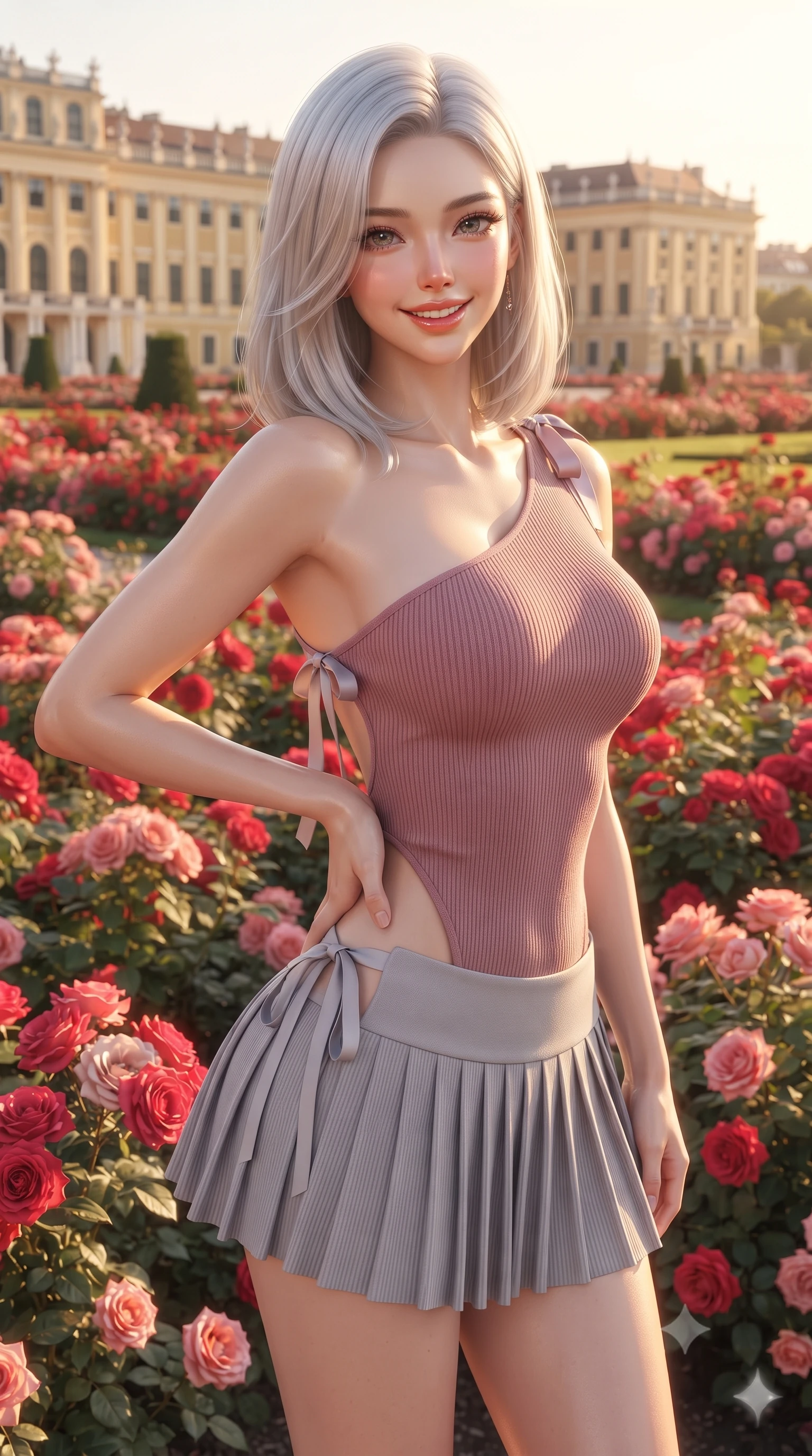 score_9, masterpiece, best quality, ultra-detailed, high-budget anime keyframe, editorial fashion photography, tasteful artistic composition, Korean woman. close-up cowboy shot from the waist and thighs up, the character dominates the composition, filling the frame with her large presence. twisting her slender torso in an alluring contrapposto stance, one hand resting on her sculpted hip while flashing a radiant, playful smile with parted glossy lips while standing gracefully among thousands of blooming red and pink rose bushes, arching her back with a bright, aristocratic cute smile. The surrounding environment is rendered in vivid detail and crisp panoramic clarity. detailed silk dress weave, soft sunlight specular sheen on skin, and Vienna palace architecture in high clarity. She has an exceptionally elegant, slender, and willowy female figure with an ultra-slim waist, flat toned midriff, narrow ribcage, and sculpted feminine hips creating an alluring, slim hourglass silhouette without bulk. sharp v-shaped jawline, high-bridge nose, intricate jewel-like sparkling eyes with depth, thick eyelashes, glossy parted lips with a natural peach sheen, bright cheerful beaming smile with an enchanting and coquettish sensual glint, exuding both youthful cute charm and seductive allure, flawlessly proportioned anatomical accuracy, strict slender model proportions, natural body alignment, perfectly sculpted long slender limbs, ultra-slim waistline, clean dynamic posture without body distortion. wearing an asymmetrical one-shoulder ribbed top paired with a micro-pleated skirt with side hip ties in dusty rose and soft dove grey, formed from supple second-skin stretch ribbed knit clinging to her form, finished with cute satin bow ribbons tying at the shoulders, the precision-cut side openings and low-back scoop framing her graceful spine and the sensual sweep of her slim, toned hips. illuminated by warm gravel path bounce light contouring her sculpted cheekbones, ultra-slim waist, and curvy hips. ultra-reflective glossy finish, specular highlights, rich textural contrasts, high-contrast stereoscopic depth, volumetric dynamic lighting, 2k, ultra detail, master piece, 9:16 ratio