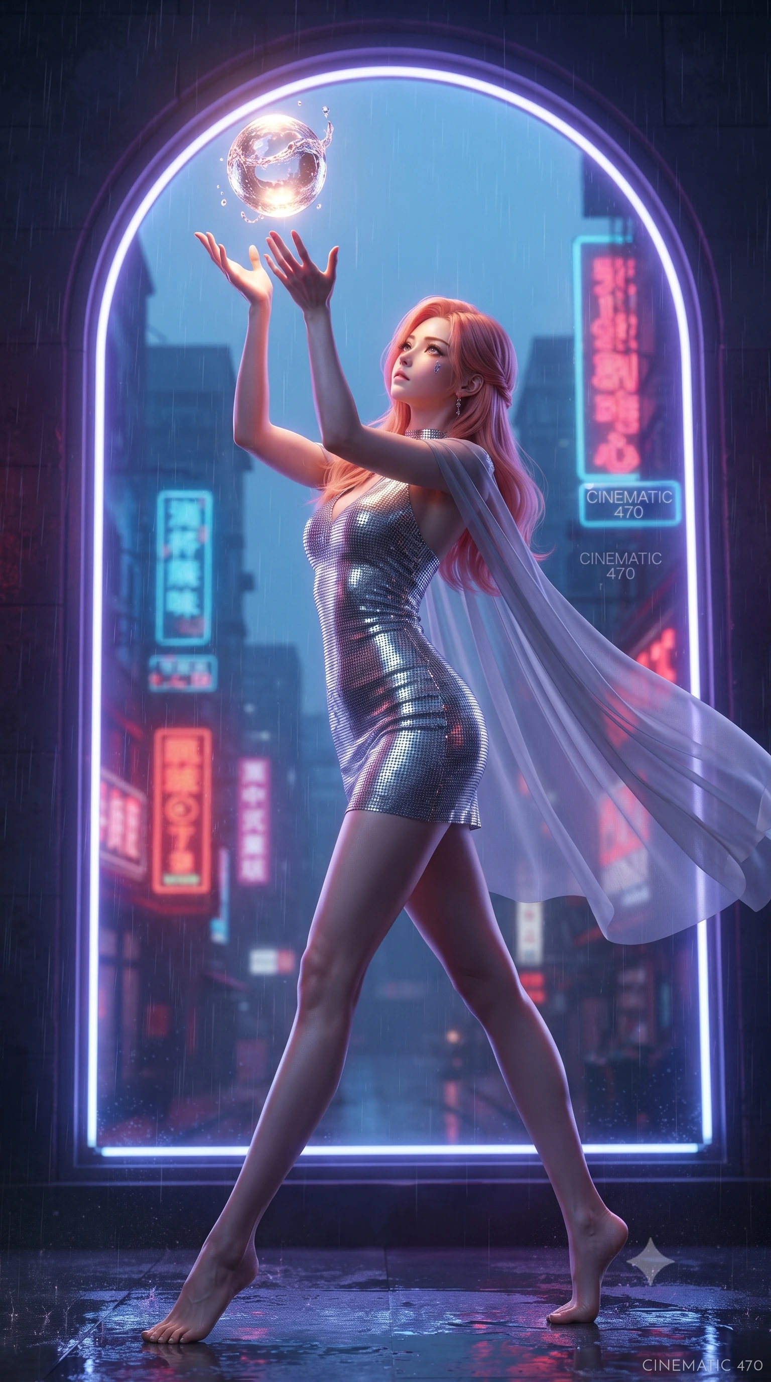 score_9, masterpiece, best quality, ultra-detailed, High-budget Anime Keyframe, editorial fashion photography, tasteful artistic composition, realistic cosplay photography, East Asian woman. Dynamic full-body shot stretching the vertical silhouette to the limit. Scenario 470: reaching out to catch a floating sphere of liquid light in a glowing neon window at twilight with soft rain falling. Her presence is magnetic and overpowering in this high-budget cinematic scene. Outfit 470: a body-hugging liquid silver micro-mesh lace mini dress draped with a semi-transparent chiffon cape. The clothing is designed to emphasize her exceptionally tall and slender 8-heads proportion. 8-heads proportion, towering silhouette, ultra-slim waist. sharp v-shaped jawline, intricate jewel-like eyes with depth, thick eyelashes, glossy lips. ultra-reflective glossy finish, specular highlights, metallic sheen, high-contrast stereoscopic depth, volumetric dynamic lighting, 2k, ultra detail, master piece, 9:16 ratio