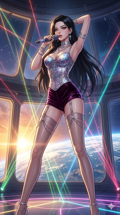 score_9, masterpiece, best quality, ultra-detailed, high-budget anime movie keyframe, cinematic anime lighting, intricate line art, Caucasian (strictly human ears) woman. Low angle cowboy shot filling the entire 9:16 frame with her statuesque presenc