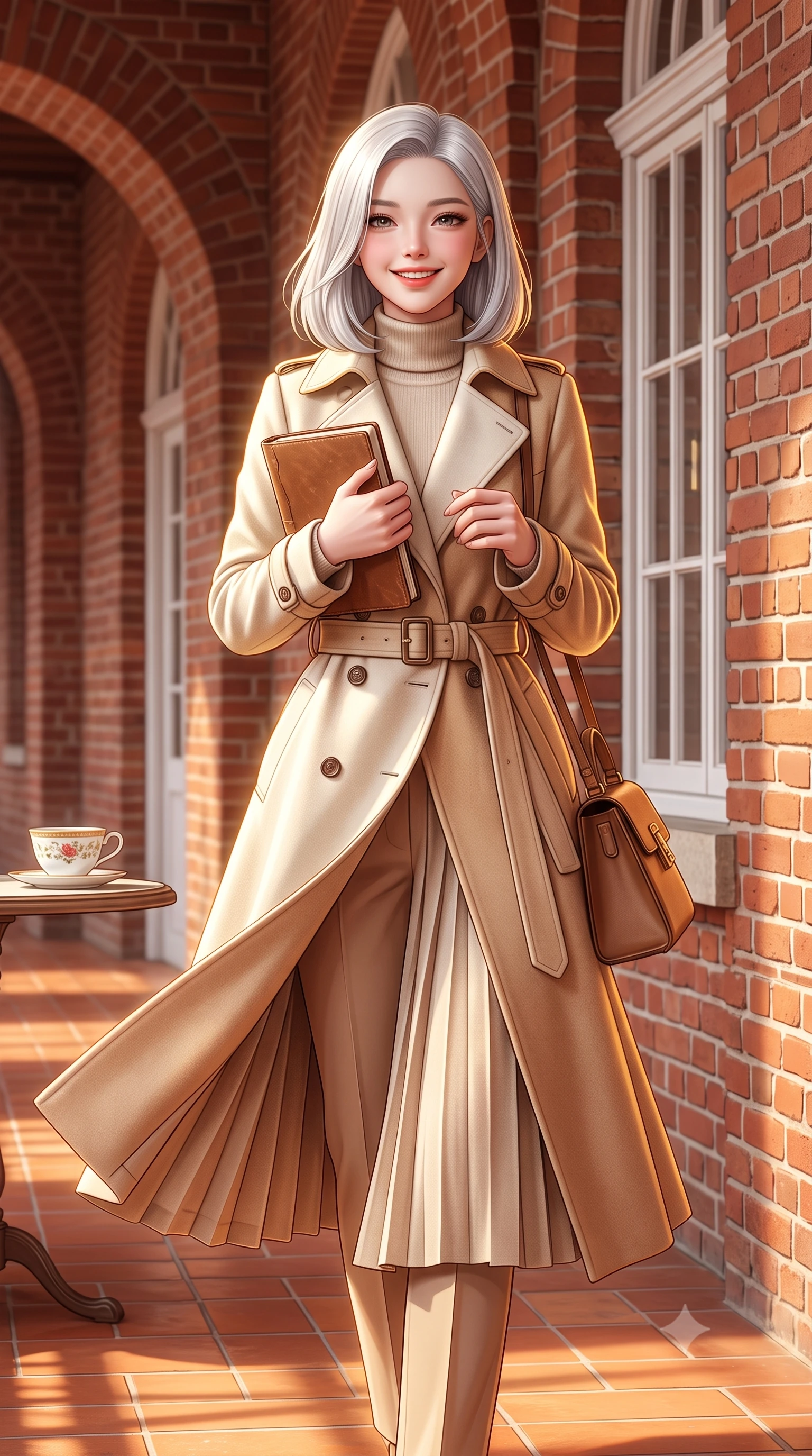 score_9, masterpiece, best quality, ultra-detailed, high-budget anime keyframe, semi-realistic 3D game render, editorial fashion photography, tasteful artistic composition, Korean woman. close-up cowboy shot from the waist and thighs up, the character dominates the composition, filling the frame with her large presence. holding a leather notebook close to her chest with both arms, smiling delightfully with youthful scholarly grace while walking along the sunny brick arched gallery, her wool pleated skirt swaying in graceful cadence with each step. The surrounding environment is rendered in vivid detail and crisp panoramic clarity: sharp red-brick masonry relief, delicate white painted window mullions, and fine porcelain teacup glaze in deep focus. She has an exceptionally elegant, slender, and willowy female figure with an ultra-slim waist, flat toned midriff, narrow ribcage, and sculpted feminine hips creating an alluring, slim hourglass silhouette without bulk. sharp v-shaped jawline, high-bridge nose, intricate jewel-like sparkling eyes with depth, thick eyelashes, glossy parted lips with a natural peach sheen, bright cheerful beaming smile with an enchanting and coquettish sensual glint, exuding both youthful cute charm and seductive allure, flawlessly proportioned anatomical accuracy, strict slender model proportions, natural body alignment, perfectly sculpted long slender limbs, ultra-slim waistline, clean dynamic posture without body distortion. wearing a classic double-breasted trench coat with a cinched waist belt worn over a fine-knit cashmere turtleneck and tailored trousers in soft champagne ivory and warm biscuit beige, made of luxurious brushed wool flannel with rich textural depth and clean structure, finished with a structured leather top-handle mini bag resting gracefully at her side, the bespoke architectural tailoring hugging her natural waistline with sartorial precision, creating a clean graceful hourglass silhouette with tall model elegance. illuminated by terracotta floor reflection fill and warm golden rim lights defining her delicate collar and willowy silhouette. highly saturated vibrant anime colors, detailed shading with soft gradients, rich glossy textures, high-contrast stereoscopic depth, volumetric dynamic lighting, master piece, 9:16 ratio