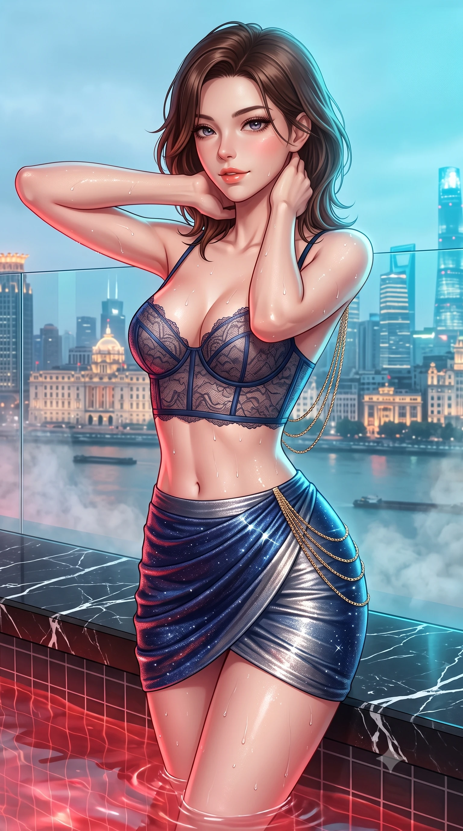 score_9, masterpiece, best quality, ultra-detailed, high-budget anime keyframe, semi-realistic 3D game render, editorial fashion photography, tasteful artistic composition, Korean woman. close-up cowboy shot from the waist and thighs up, the character dominates the composition, filling the frame with her large presence. resting both hands lightly behind her neck with elbows raised, arching her spine to highlight her narrow waist, flat midriff, and breathtaking collarbones while leaning against the infinity edge glass wall overlooking the Bund with hips cocked back, looking through rising mineral steam with an intoxicating bedroom-gaze. The surrounding environment is rendered in vivid detail and crisp panoramic clarity: sharp white calcite veins in black Marquina marble, glistening water droplets on toned dewy skin, and clear pool coping edge in deep focus. She has an exceptionally elegant, slender, and willowy female figure with an ultra-slim waist, flat toned midriff, narrow ribcage, and sculpted feminine hips creating an alluring, slim hourglass silhouette without bulk. sharp v-shaped jawline, high-bridge nose, sparkling eyes with hypnotic seductive depth, thick curled eyelashes, glossy parted lips with a natural dewy peach sheen, alluring bedroom-eyes with an enchanting coquettish smile, exuding magnetic siren charisma and sophisticated glamour, flawlessly proportioned anatomical accuracy, strict slender model proportions, natural body alignment, perfectly sculpted long slender limbs, ultra-slim waistline, clean dynamic posture without body distortion. wearing a sculpted underwire demi-bustier in semi-sheer lace paired with an ultra-short draped tulip skirt in deep sapphire navy and molten silver, woven from stretch metallic lurex jersey casting radiant starlight glints across her silhouette, accented with an open-back drape framed by falling strands of delicate gold chains, the liquid-tight tailored fabric clinging flawlessly to her narrow waist and rounded feminine hips, emphasizing every millimeter of her sculpted slim hourglass curves without any bulky heaviness. bathed in warm underwater crimson pool illumination paired with cold neon cyan ambient skyline glow. highly saturated vibrant anime colors, detailed shading with soft gradients, rich glossy textures, high-contrast stereoscopic depth, volumetric dynamic lighting, master piece, 9:16 ratio