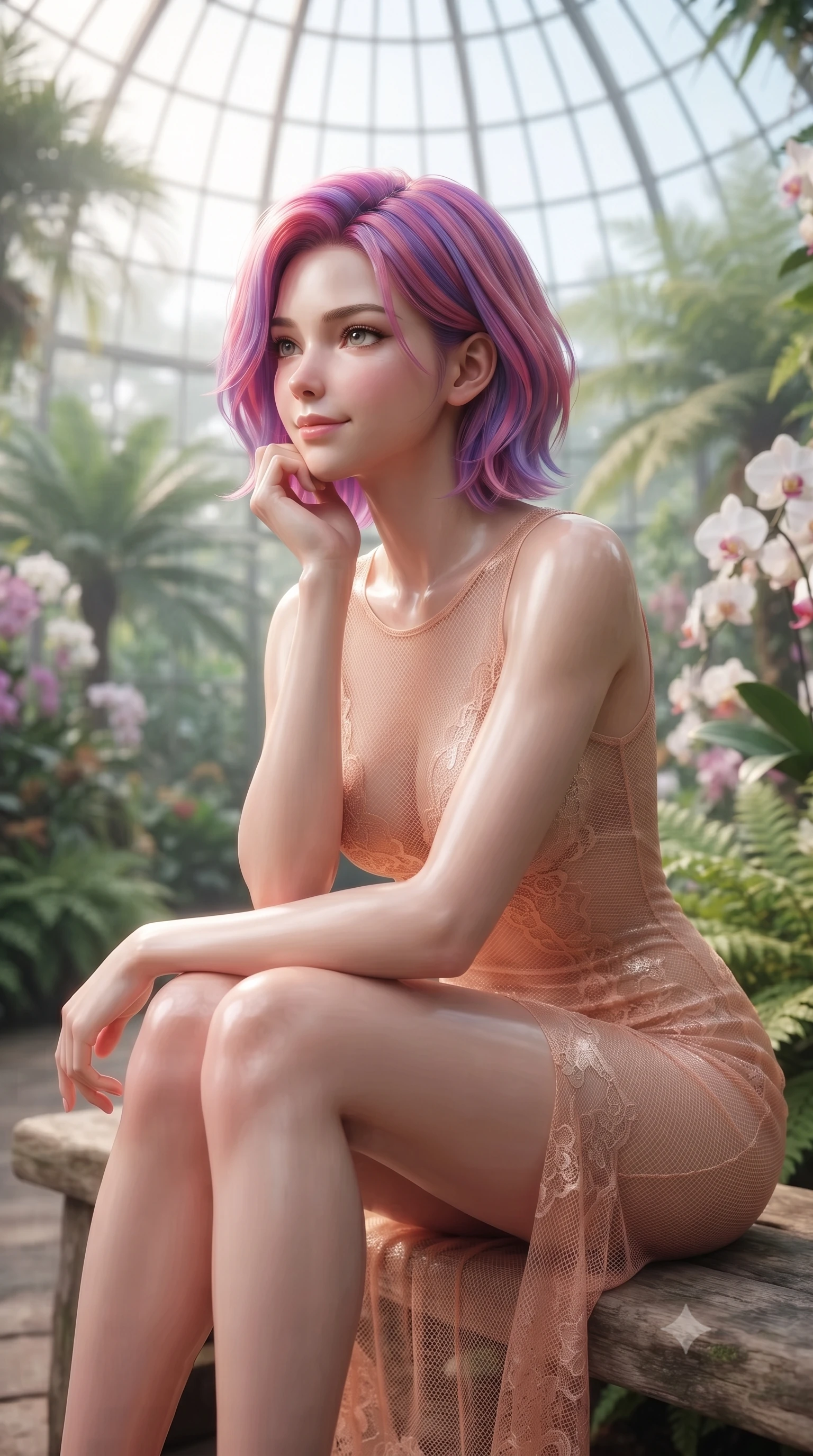 score_9, masterpiece, best quality, ultra-detailed, high-budget anime keyframe, editorial fashion photography, tasteful artistic composition, Caucasian woman woman. close-up cowboy shot from the waist and thighs up, the character dominates the composition, filling the frame with her large presence, background elements kept in soft focus. resting her chin on her hand, looking out at the beautiful scenery with a soft smile the background shows a soft-focus a wooden bench inside a botanical garden glasshouse, surrounded by exotic palms and orchids. She has an exceptionally elegant, slender, and willowy female figure with an ultra-slim waist, a gracefully sculpted slender torso, and a refined silhouette. sharp v-shaped jawline, high-bridge nose, intricate jewel-like eyes with depth, thick eyelashes, glossy lips with a natural sheen. wearing a form-contouring semi-transparent mesh dress in peach, contouring her slender silhouette with delicate lace detailing. soft, diffused daylight filtering through the large glass dome. ultra-reflective glossy finish, specular highlights, metallic sheen, high-contrast stereoscopic depth, volumetric dynamic lighting, 2k, ultra detail, master piece, 9:16 ratio