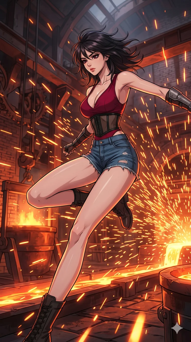 score_9, masterpiece, best quality, ultra-detailed, High-budget Anime Keyframe, beautiful Korean anime girl. Low angle cowboy shot filling the entire 9:16 frame with her statuesque presence. Leaping through a shower of sparks from a giant blacksmith's forge in an industrial palace. She has an absolutely perfect 8-heads proportion, an exceptionally tall and slender female figure with impossibly long slender legs and an ultra-slim waist. Sharp v-shaped jawline, high-bridge nose, intricate jewel-like eyes with depth, thick eyelashes, glossy lips with a natural sheen. Wearing an Urban Trendsetter outfit: deep-cut crimson bodycon dress with high-waist denim and a sheer corset. Background is a bright and colorful forge with glowing molten metal and thousands of orange sparks. 2k, ultra detail, master piece, 9:16 ratio