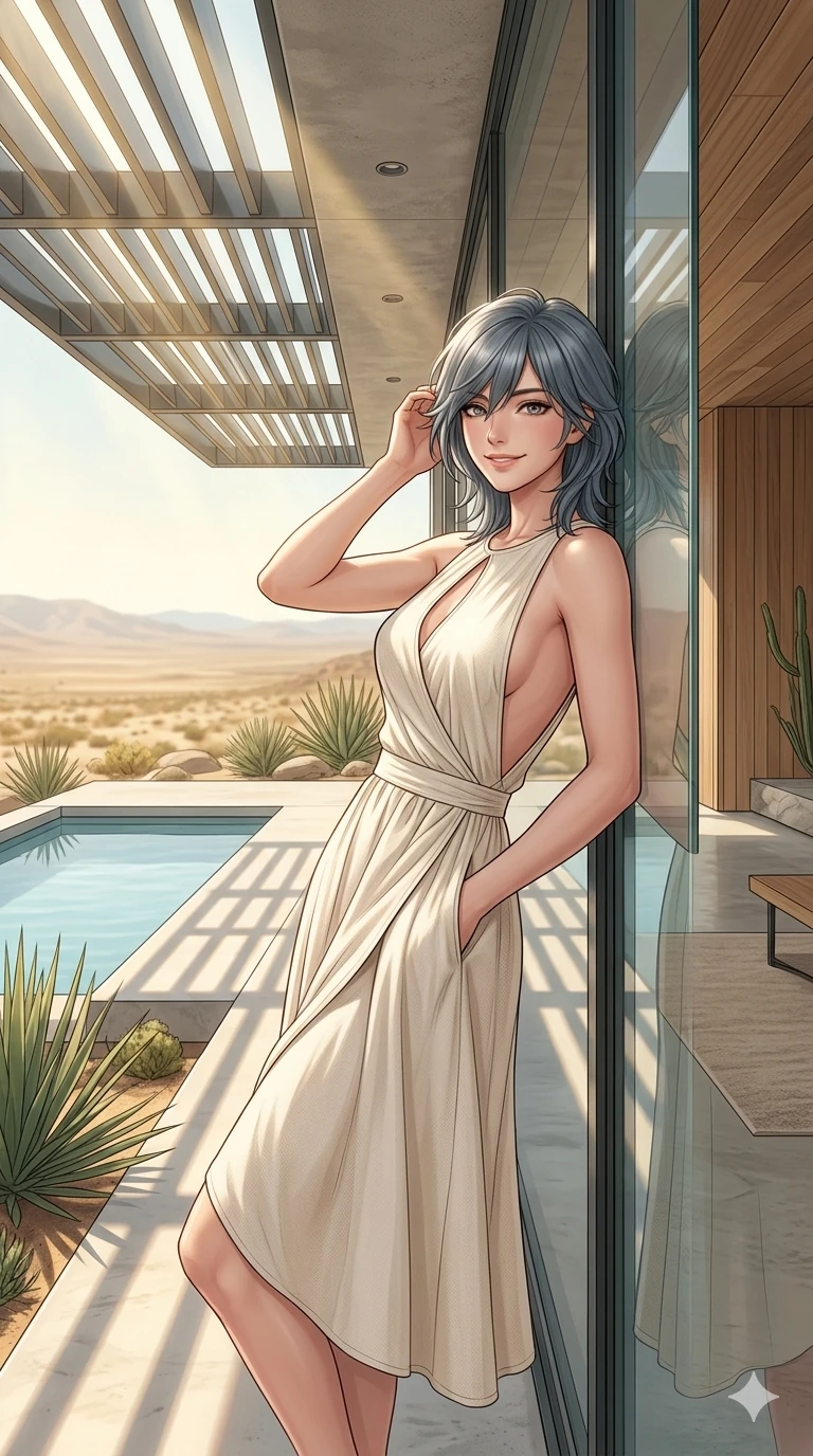 score_9, masterpiece, best quality, ultra-detailed, high-budget anime keyframe, editorial fashion photography, tasteful artistic composition, Caucasian woman, strictly human ears. cowboy shot from the thighs up, character and outfit filling the frame for maximum editorial presence. leaning against a glass column with a warm, peaceful smile and a relaxed expression standing by a pool of a modern architect-designed house in a sunny valley. She has an absolutely perfect 8-heads proportion, an exceptionally tall and slender female figure with impossibly long slender legs and an ultra-slim waist. V-shaped jawline, high-bridge nose, intricate jewel-like eyes with depth, thick eyelashes, glossy lips with a natural sheen. wearing a cream cotton wrap dress with a tasteful keyhole cutout and bare back. bathed in warm, golden sunbeams filtering through the architectural structures. 2k, ultra detail, master piece, 9:16 ratio