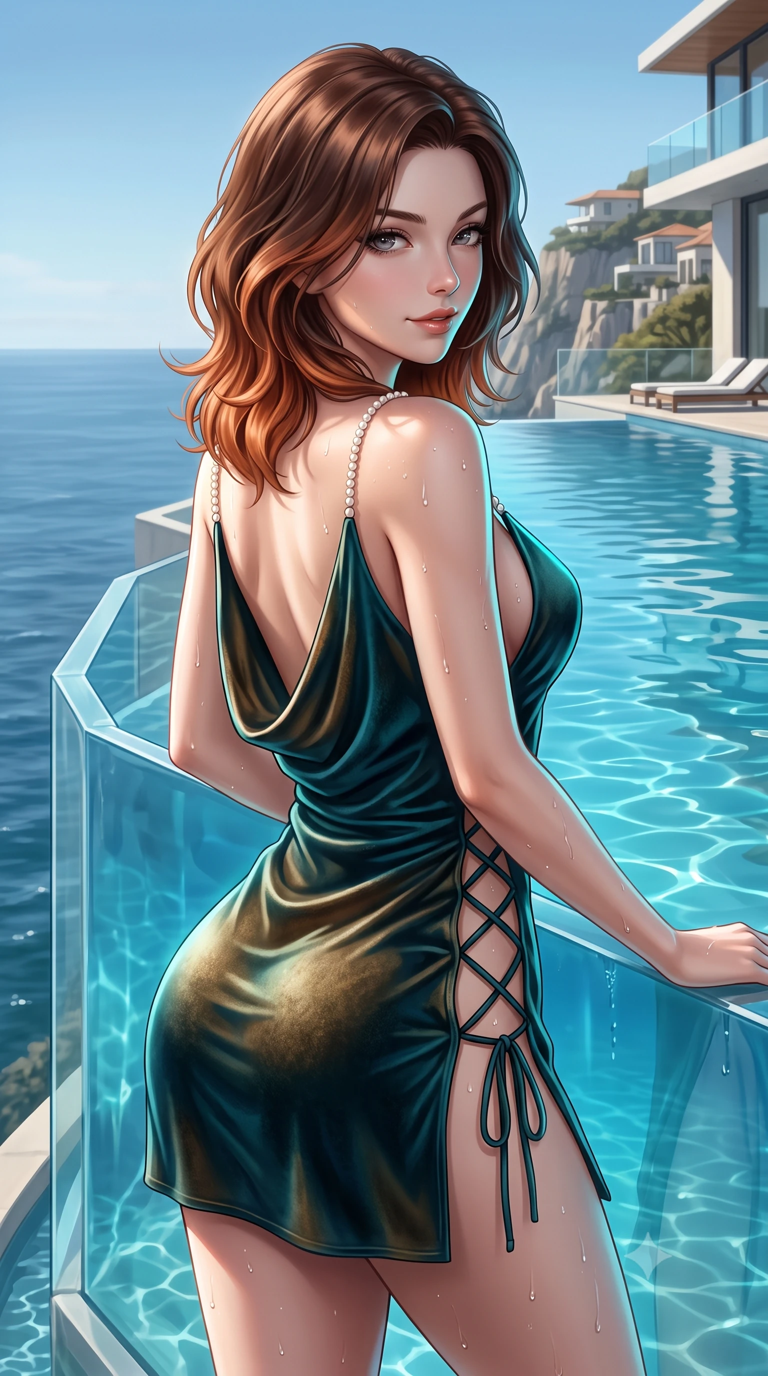 score_9, masterpiece, best quality, ultra-detailed, high-budget anime keyframe, semi-realistic 3D game render, editorial fashion photography, tasteful artistic composition, Korean woman. close-up cowboy shot from the waist and thighs up, the character dominates the composition, filling the frame with her large presence. turning slowly with an enchanting smoldering smile, her dewy hair brushing bare shoulders as her hips angle gracefully in a captivating contrapposto while leaning against the infinity glass pool wall cantilevered over the ocean with hips cocked back, looking back with an intoxicating, smoldering bedroom-smile. The surrounding environment is rendered in vivid detail and crisp panoramic clarity: detailed wet fabric weave, glistening water drops on skin, and cliffside architecture in high resolution. She has an exceptionally elegant, slender, and willowy female figure with an ultra-slim waist, flat toned midriff, narrow ribcage, and sculpted feminine hips creating an alluring, slim hourglass silhouette without bulk. sharp v-shaped jawline, high-bridge nose, sparkling eyes with hypnotic seductive depth, thick curled eyelashes, glossy parted lips with a natural dewy peach sheen, alluring bedroom-eyes with an enchanting coquettish smile, exuding magnetic siren charisma and sophisticated high-fashion glamour, flawlessly proportioned anatomical accuracy, strict slender model proportions, natural body alignment, perfectly sculpted long slender limbs, ultra-slim waistline, clean dynamic posture without body distortion. wearing a low-cut draped cowl-back satin slip mini dress with dainty pearl spaghetti straps in deep peacock teal and burnished antique brass, tailored from ultra-plush velvet with rich tactile depth and deep shadow gradients, featuring fine criss-cross lace-up side ties revealing tantalizing glimpses of her hip curve, the liquid-tight tailored fabric clinging flawlessly to her narrow waist and rounded feminine hips, emphasizing every millimeter of her sculpted slim hourglass curves without any bulky heaviness. illuminated by aquatic caustic bounce and sharp platinum-cyan rim lights sculpting her jawline, narrow waist, and curvy hips. highly saturated vibrant anime colors, detailed shading with soft gradients, rich glossy textures, high-contrast stereoscopic depth, volumetric dynamic lighting, master piece, 9:16 ratio