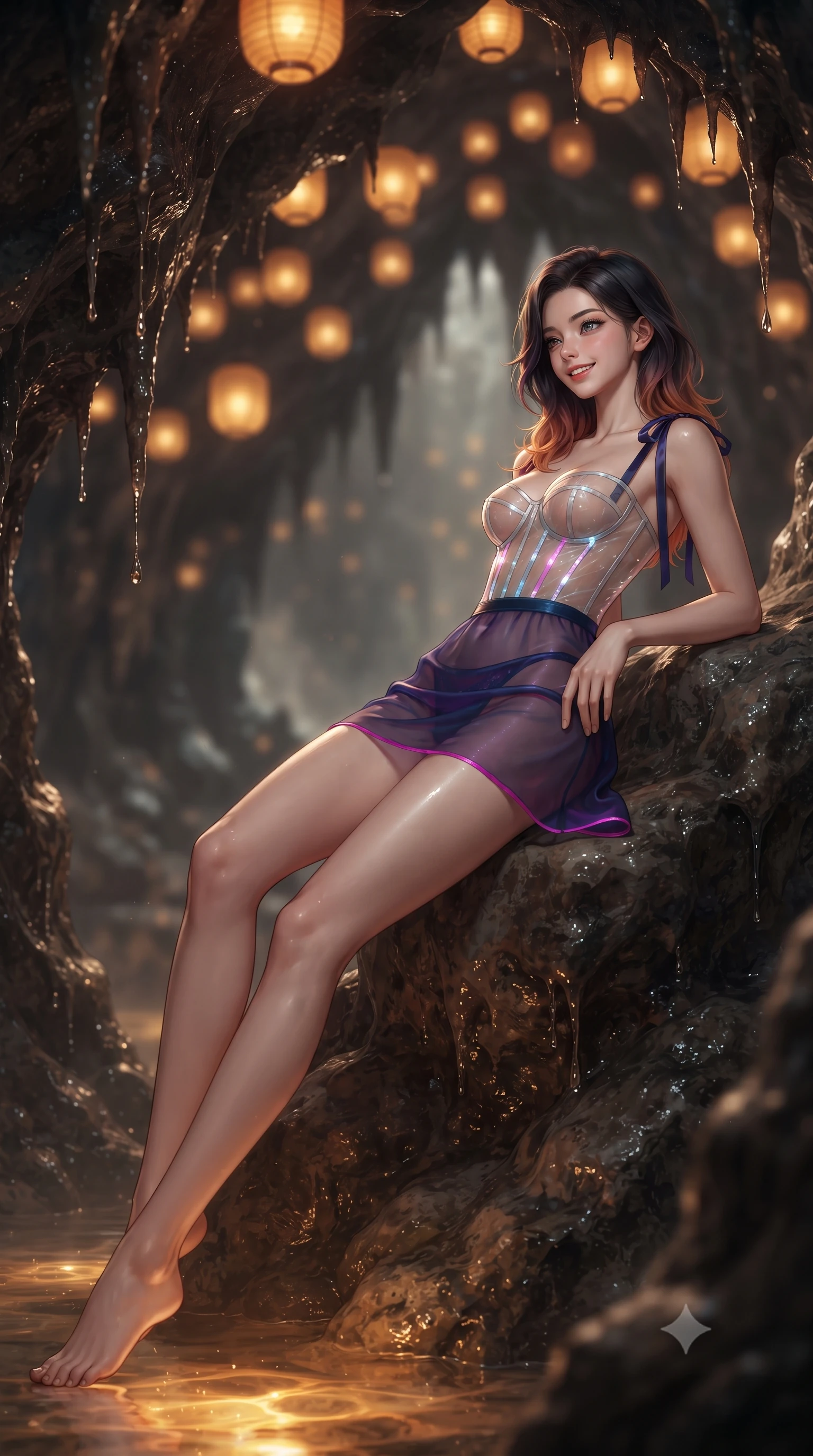 score_9, masterpiece, best quality, ultra-detailed, high-budget anime keyframe, editorial fashion photography, tasteful artistic composition, Korean woman. low angle full-body shot from head to toe showing her feet, filling the entire 9:16 vertical frame with her statuesque presence, stretching her vertical silhouette. executing a slow, graceful pivot turn as her skirt sways around her slender legs, glancing back with an enchanting, teasing sensual expression while lounging back into the natural rock seat propped on one elbow with legs extended, her statuesque hourglass silhouette commanding the grotto. The background shows a soft-focus glistening dark cavern rock walls, dripping mineral stalactites, and amber paper lanterns suspended from rock ceilings blurred into honey, bronze, and obsidian bokeh. She has an exceptionally tall and slender model-like 8.5-heads proportion, an ultra-slim waist, a flat toned midriff, narrow delicate ribcage, and beautifully sculpted feminine hips creating a graceful, slim hourglass silhouette without any bulky heaviness, with impossibly long slender legs. sharp v-shaped jawline, high-bridge nose, intricate jewel-like sparkling eyes with depth, thick eyelashes, glossy parted lips with a natural peach sheen, bright cheerful beaming smile with an enchanting and coquettish sensual glint, exuding both youthful cute charm and seductive allure, flawlessly proportioned anatomical accuracy, strict slender model proportions, natural body alignment, perfectly sculpted long slender limbs, ultra-slim waistline, clean dynamic posture without body distortion. wearing a sculpted underwire cyber-corset in translucent tech-tulle with illuminated boning channels paired with a sheer mini skirt in Huangpu midnight sapphire and neon magenta, crafted from fluid liquid silk satin that clings smoothly to her narrow waist and rounded hips with a dewy sheen, finished with satin ribbon ties at the shoulders fluttering in the gentle breeze, the glove-like clinging cut tightly following the natural contour of her hips and long slender legs with youthful 8.5-heads elegance. illuminated by thermal spring caustics bounce and sharp flame-gold rim lights sculpting her jawline, narrow waist, and curvy hips. ultra-reflective glossy finish, specular highlights, rich textural contrasts, high-contrast stereoscopic depth, volumetric dynamic lighting, 2k, ultra detail, master piece, 9:16 ratio