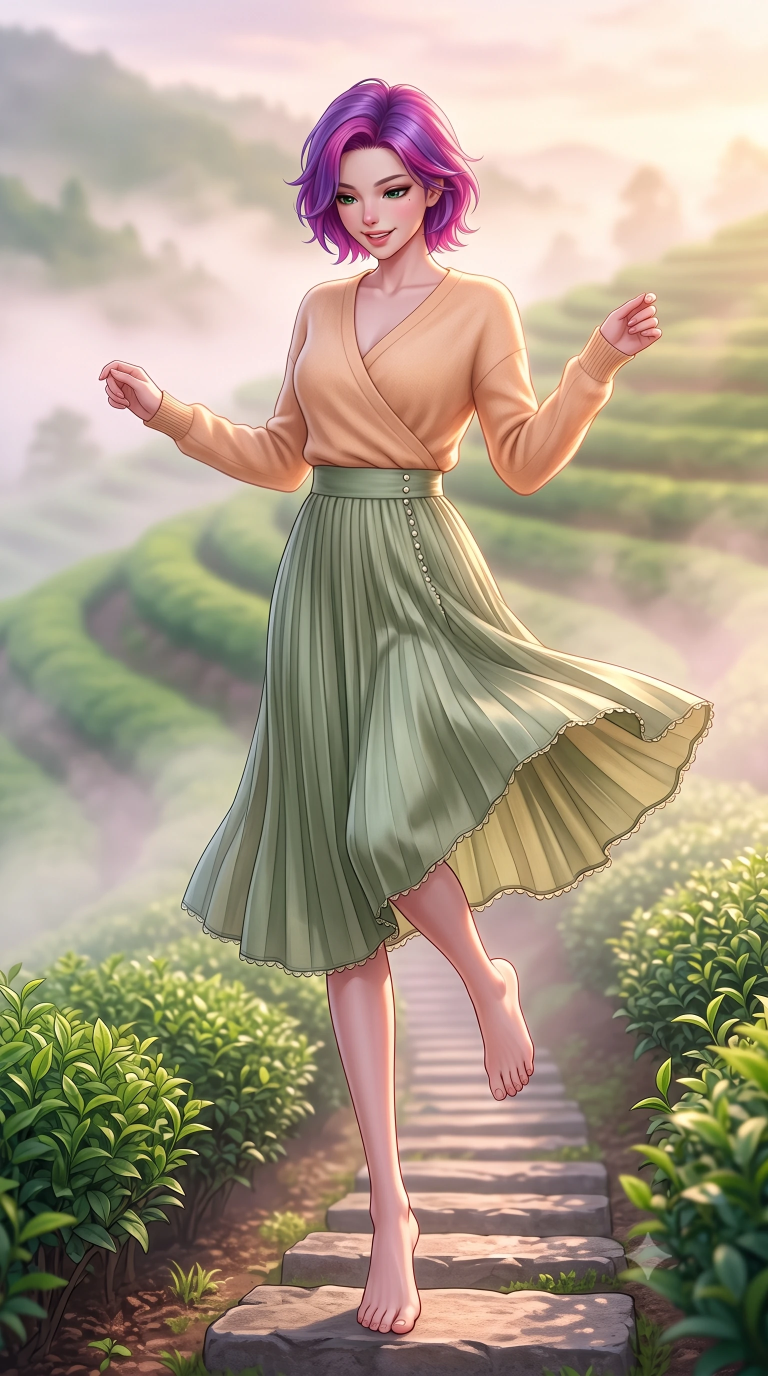 score_9, masterpiece, best quality, ultra-detailed, high-budget anime keyframe, semi-realistic 3D game render, editorial fashion photography, tasteful artistic composition, Caucasian woman. low angle full-body shot from head to toe showing her feet, filling the entire 9:16 vertical frame with her statuesque presence, stretching her vertical silhouette. standing poised on one leg with a playful hop and joyful expression, her long legs and slender figure highlighted against the landscape while walking gracefully along terraced emerald green tea rows as gentle morning mist swirls around her steps. The composition keeps background elements in soft focus with creamy bokeh. curling morning mist layers and terraced emerald tea ridges blurred into soft pastel green and golden dawn bokeh. She has an absolutely perfect, statuesque 8.5-heads proportion, an exceptionally tall and slender model-like female figure with impossibly long slender legs, a toned flat midriff, and an ultra-slim waist. sharp v-shaped jawline, high-bridge nose, intricate jewel-like eyes with depth, thick eyelashes, glossy lips with a natural sheen, pure and lovely fresh girlhood expression, flawlessly proportioned anatomical accuracy, strict slender model proportions, natural body alignment, perfectly sculpted long slender limbs, ultra-slim waistline, clean dynamic posture without body distortion. wearing an elegant soft cashmere wrap sweater paired with a flowing pleated satin midi skirt in warm apricot and sage green, crafted from soft breathable linen that flutters gently in the breeze, finished with delicate scallop trims and tiny pearl buttons, the soft airy drape swaying gracefully with her dynamic movements, emphasizing her tall willowy build and slim waistline. bathed in soft pastel pink and golden dawn sunrise light breaking through rolling morning mist. highly saturated vibrant anime colors, detailed shading with soft gradients, rich glossy textures, high-contrast stereoscopic depth, volumetric dynamic lighting, master piece, 9:16 ratio
