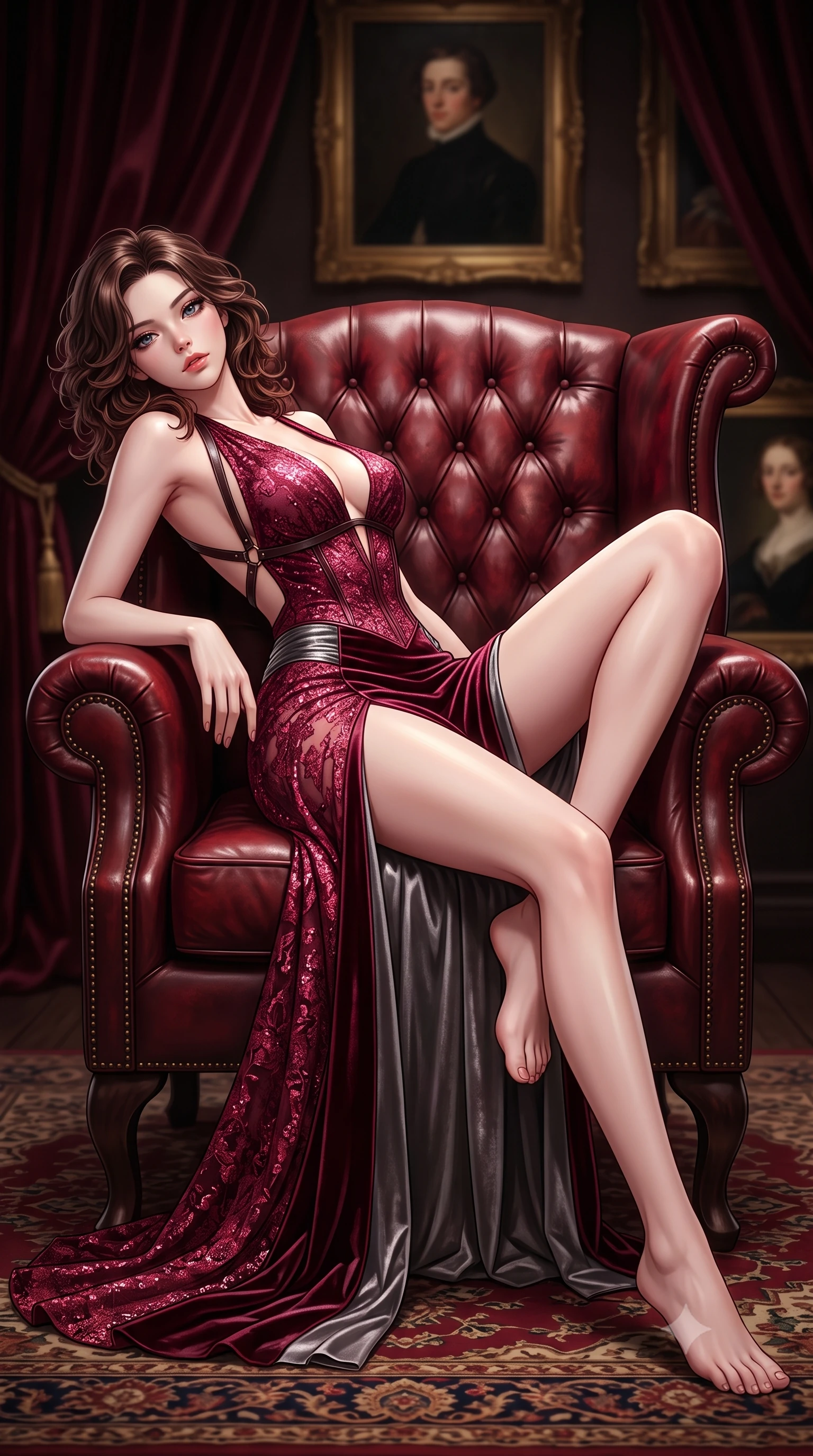 score_9, masterpiece, best quality, ultra-detailed, high-budget anime keyframe, semi-realistic 3D game render, editorial fashion photography, tasteful artistic composition, Korean woman. low angle full-body shot from head to toe showing her feet, filling the entire 9:16 vertical frame with her statuesque presence, stretching her vertical silhouette. reclining back languidly with one knee bent and spine arched in a breathtaking dancer line, commanding the entire 9:16 vertical frame while curling languidly in an oversized tufted leather armchair, gazing directly into the lens with magnetic bedroom-eyes. The composition keeps background elements in soft focus with creamy bokeh. heavy velvet draperies and antique oil portraits softened in luxurious shallow depth of field. She has an absolutely perfect, statuesque 8.5-heads proportion, an exceptionally tall and slender model-like female figure with impossibly long slender legs, a toned flat midriff, and an ultra-slim waist. sharp v-shaped jawline, high-bridge nose, intricate jewel-like eyes with depth, thick eyelashes, glossy parted lips with a natural sheen, intensely captivating and seductive expression, flawlessly proportioned anatomical accuracy, strict slender model proportions, natural body alignment, perfectly sculpted long slender limbs, ultra-slim waistline, clean dynamic posture without body distortion. wearing a plunging-V neckline crushed velvet corseted evening gown with an open scooped back and high-cut thigh slit in deep garnet and brushed dark platinum, formed from shimmering floral lace over smooth opaque silk lining, featuring an open-back criss-cross harness strap in dark leather, the glove-like aerodynamic second-skin fit tightly clinging to her ultra-slender waist and feminine curves without adding bulk. surrounded by an opulent, intimate, and irresistibly hypnotic dark romance aura. highly saturated vibrant anime colors, detailed shading with soft gradients, rich glossy textures, high-contrast stereoscopic depth, volumetric dynamic lighting, master piece, 9:16 ratio