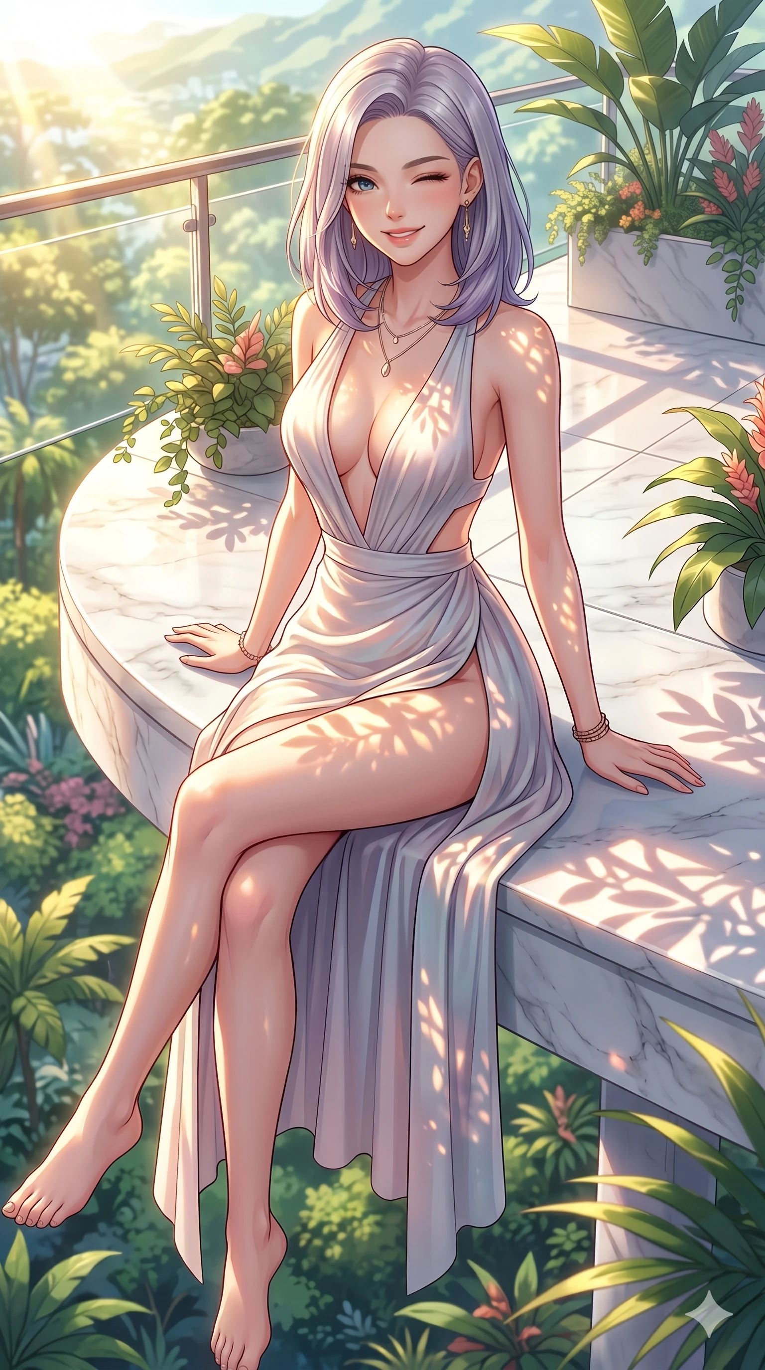 score_9, masterpiece, best quality, ultra-detailed, high-budget anime keyframe, vibrant anime aesthetic, Caucasian woman, strictly human ears. cowboy shot from the thighs up, character and outfit filling the frame for maximum presence. She is sitting on a marble ledge, winking and smiling cheerfully at the viewer on a floating observation deck over a botanical park (Code-P20-080). She has an absolutely perfect 8-heads proportion, an exceptionally tall and slender female figure with impossibly long slender legs and an ultra-slim waist. V-shaped jawline, high-bridge nose, intricate jewel-like eyes with depth, thick eyelashes, glossy lips with a natural sheen. wearing a high-slit resort dress with plunging neckline and side cut-outs. She is drenched in brilliant morning sunshine, casting long warm highlights and leaf patterns. 2k, ultra detail, master piece, 9:16 ratio