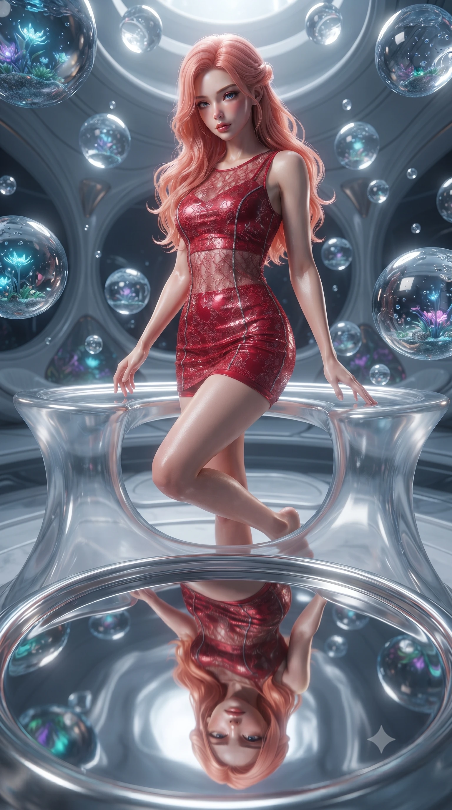 score_9, masterpiece, best quality, ultra-detailed, High-budget Anime Keyframe, editorial fashion photography, tasteful artistic composition, realistic cosplay photography, East Asian woman. Low angle cowboy shot filling the entire 9:16 frame with her statuesque presence. Scenario 428: gazing at her reflection in a pool of liquid silver in a zero-gravity sanctuary filled with floating water spheres. Her presence is magnetic and overpowering in this high-budget cinematic scene. Outfit 428: a slim-fit crimson red micro-mesh lace mini dress worn over an opaque crop top and high-waisted shorts. The clothing is designed to emphasize her exceptionally tall and slender 8-heads proportion. 8-heads proportion, towering silhouette, ultra-slim waist. sharp v-shaped jawline, intricate jewel-like eyes with depth, thick eyelashes, glossy lips. ultra-reflective glossy finish, specular highlights, metallic sheen, high-contrast stereoscopic depth, volumetric dynamic lighting, 2k, ultra detail, master piece, 9:16 ratio
