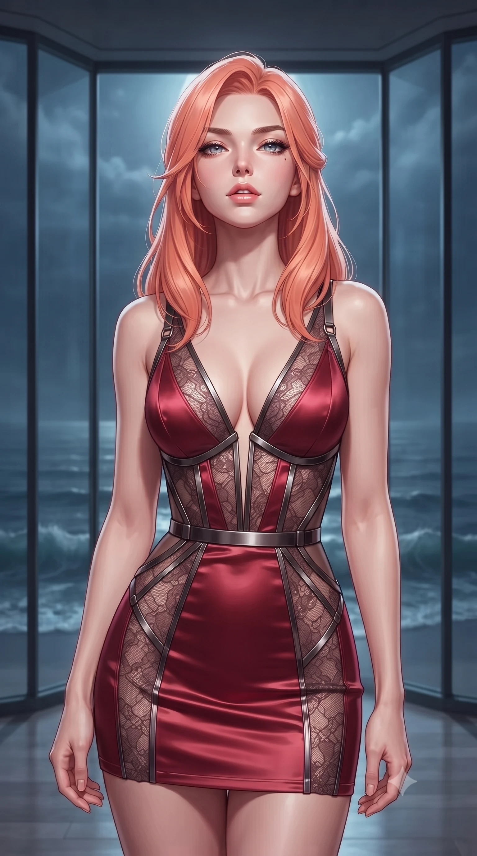 score_9, masterpiece, best quality, ultra-detailed, high-budget anime keyframe, editorial fashion photography, tasteful artistic composition, Japanese woman. close-up cowboy shot from the waist and thighs up, the character dominates the composition, filling the frame with her large presence, background elements kept in soft focus. Tilting her chin up slightly with lips parted in a composed, magnetic expression, poised before a floor-to-ceiling glass bay looking out over calm moonlit ocean waves, magnetic tranquility with intense visual presence. She has an exceptionally elegant, slender, and willowy female figure with an ultra-slim waist, a gracefully sculpted slender torso, and a refined silhouette. sharp v-shaped jawline, high-bridge nose, intricate jewel-like eyes with depth, thick eyelashes, glossy lips with a natural sheen. wearing deep V-neck corset bodice mini dress with sheer dark lace panels in pearl white, made of soft crimson satin, highlighted by a gunmetal metallic harness structure, highlighting her statuesque proportions and ultra-slim waistline. lit by quiet moonlight key rays piercing through dark ocean air. highly saturated vibrant anime colors, detailed shading with soft gradients, rich glossy textures, high-contrast stereoscopic depth, volumetric dynamic lighting, master piece, 9:16 ratio