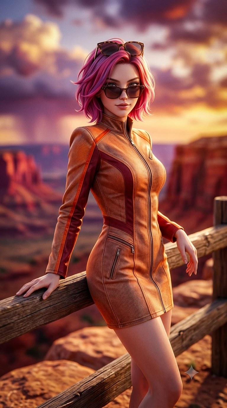 score_9, masterpiece, best quality, ultra-detailed, high-budget anime keyframe, semi-realistic 3D game render, editorial fashion photography, tasteful artistic composition, Caucasian woman. close-up cowboy shot from the waist and thighs up, the character dominates the composition, filling the frame with her large presence. leaning against the timber guardrail with hips cocked back, looking through dark sunglasses with an alluring, confident half-smile while walking slowly along the natural sandstone ridge with hypnotic grace, hips swaying in an alluring sensual rhythm that accentuates her curvy hourglass silhouette. The background shows a soft-focus blazing vermilion and crimson cliff tiers, purple desert rain squalls on the far horizon, and golden clouds blurred into ruby, violet, and molten gold bokeh. She has an exceptionally elegant, slender, and willowy female figure with an ultra-slim waist, flat toned midriff, narrow ribcage, and sculpted feminine hips creating an alluring, slim hourglass silhouette without bulk. sharp v-shaped jawline, high-bridge nose, sparkling eyes with hypnotic seductive depth, thick curled eyelashes, glossy parted lips with a natural dewy peach sheen, alluring bedroom-eyes with an enchanting coquettish smile, exuding magnetic siren charisma and sophisticated glamour, flawlessly proportioned anatomical accuracy, strict slender model proportions, natural body alignment, perfectly sculpted long slender limbs, ultra-slim waistline, clean dynamic posture without body distortion. wearing a sleek high-collar zip-up biker jacket dress with structured shoulders and racing stripe accents in blazing desert sunset orange and deep canyon crimson, woven from bespoke sun-bleached selvedge denim with rich tactile slub texture, complemented by oversized designer tortoiseshell sunglasses resting atop her head, the impeccably tailored cut draping gracefully along her slender figure with aristocratic western poise. illuminated by sandstone cliff bounce and sharp vermilion-amber rim lights defining her razor-sharp jawline, narrow waist, and curvy hips. highly saturated vibrant anime colors, detailed shading with soft gradients, rich glossy textures, high-contrast stereoscopic depth, volumetric dynamic lighting, master piece, 9:16 ratio