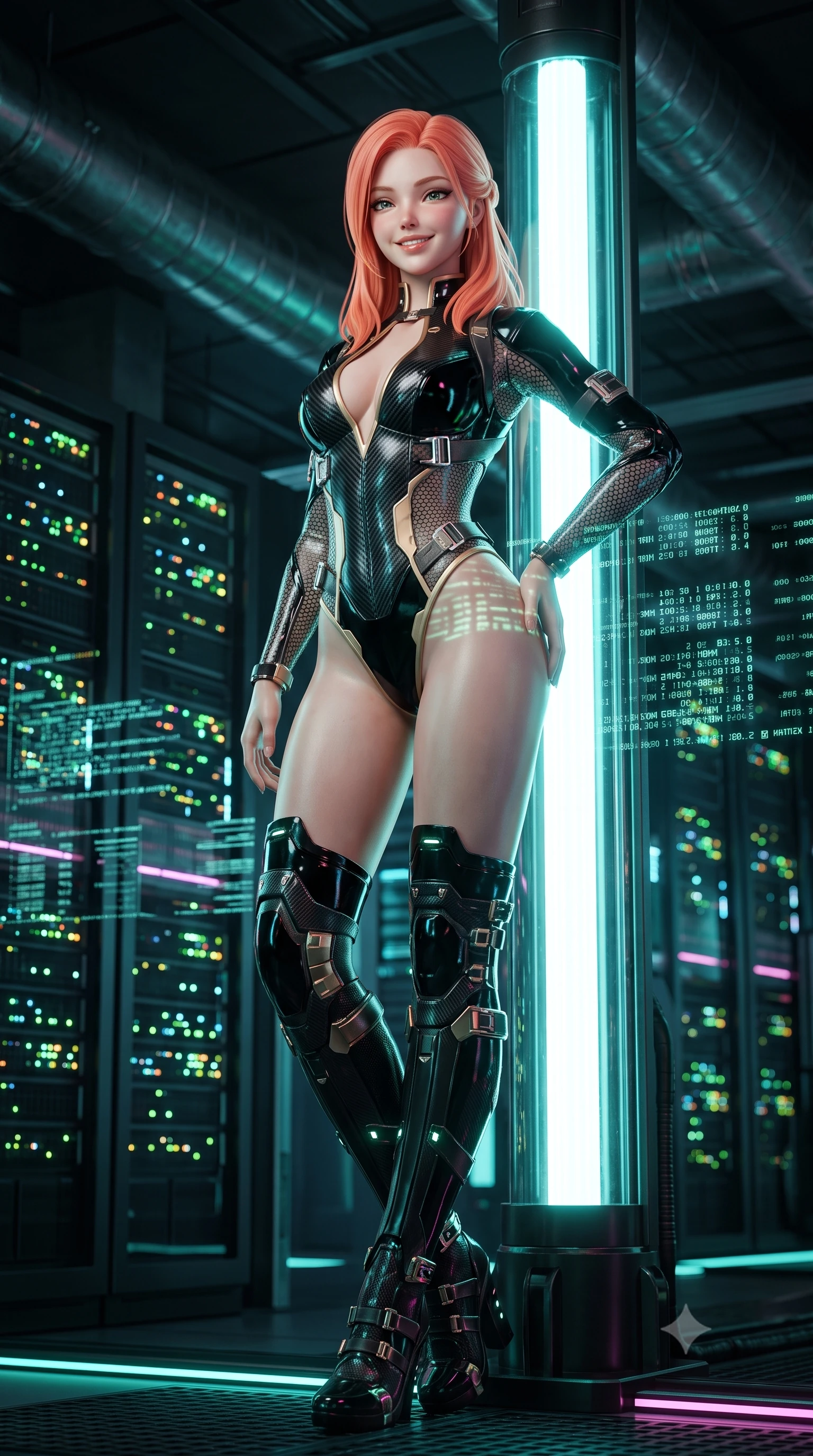 score_9, masterpiece, best quality, ultra-detailed, high-budget anime keyframe, semi-realistic 3D game render, editorial fashion photography, tasteful artistic composition, Japanese woman. low angle full-body shot from head to toe showing her feet, filling the entire 9:16 vertical frame with her statuesque presence, stretching her vertical silhouette. leaning deep against the glowing energy conduit with hips cocked back in an unapologetically alluring high-fashion stance, flashing a warm beaming smile while twisting her slender torso in an alluring S-curve amidst server banks, glowing data telemetry projecting intricate matrix patterns across her narrow waist. The background shows a soft-focus flickering server rack LED indicators and industrial ventilation ducts softened in tactical cyberpunk shallow focus. She has an absolutely perfect, statuesque 8.5-heads proportion, an exceptionally tall and slender model-like female figure with impossibly long slender legs, an ultra-slim waist, a flat toned midriff, narrow delicate ribcage, and beautifully sculpted feminine hips creating a graceful, slim hourglass silhouette without any bulky heaviness. sharp v-shaped jawline, high-bridge nose, intricate jewel-like sparkling eyes with depth, thick eyelashes, glossy parted lips with a natural sheen, bright confident smile with an enchanting and coquettish sensual glint, exuding both youthful magnetic charm and sovereign high-tech allure, flawlessly proportioned anatomical accuracy, strict slender model proportions, natural body alignment, perfectly sculpted long slender limbs, ultra-slim waistline, clean dynamic posture without body distortion. wearing a glossy vinyl and carbon-fiber hybrid bodysuit with a plunging neckline and high-cut leg openings in glossy onyx black and warm champagne gold hardware, woven from delicate semi-opaque high-tensile nano-mesh with intricate hexagonal micro-patterns, finished with polished chrome buckle hardware and modular magnetic holster clasps, the liquid-tight tailored fabric clinging flawlessly to her narrow waist and rounded feminine hips, emphasizing every millimeter of her sculpted slim hourglass curves without any bulky heaviness. illuminated by glowing console underlights and crisp emerald rim lighting sharply carving her razor-sharp jawline, narrow waist, and curvy hips. highly saturated vibrant anime colors, detailed shading with soft gradients, rich glossy textures, high-contrast stereoscopic depth, volumetric dynamic lighting, master piece, 9:16 ratio
