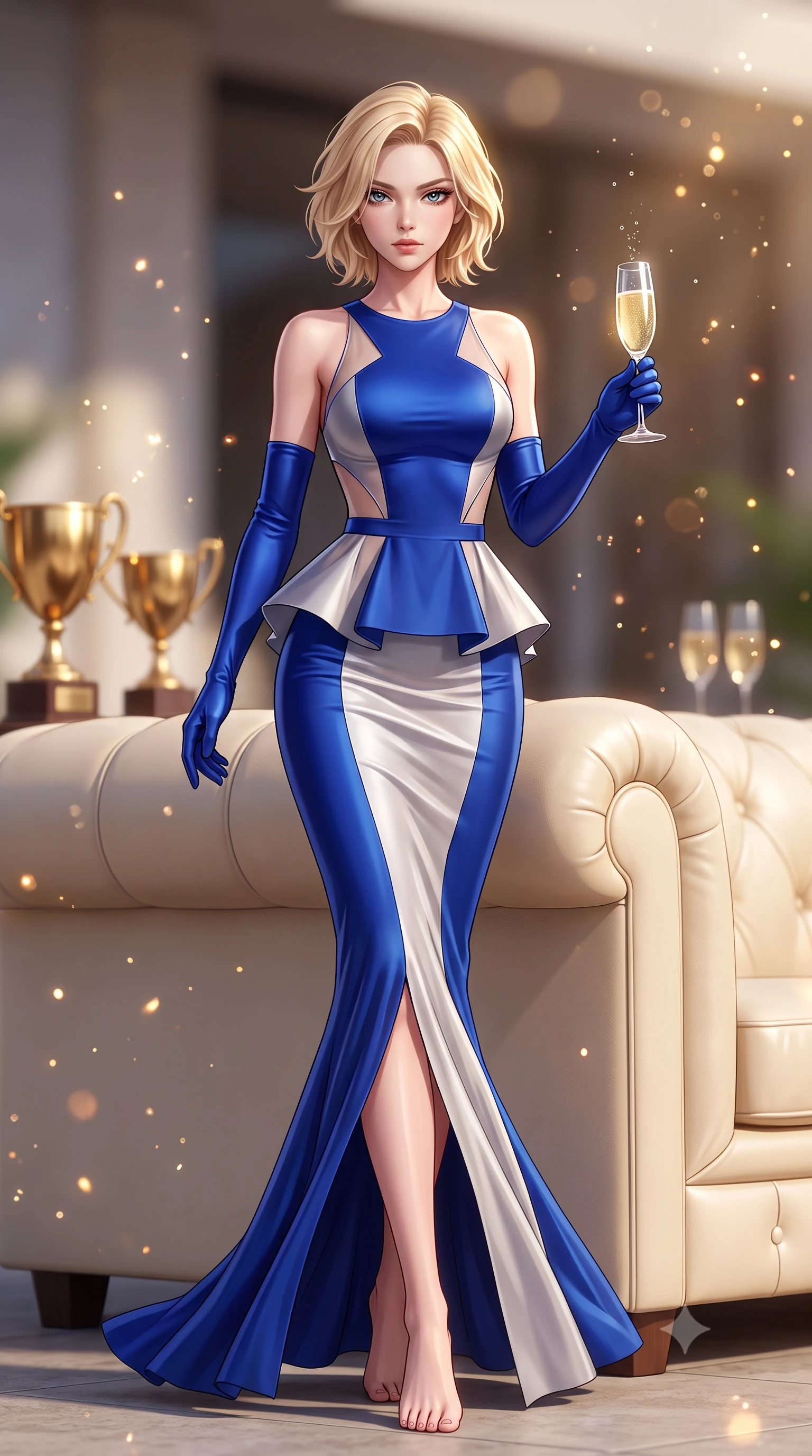 score_9, masterpiece, best quality, ultra-detailed, high-budget anime keyframe, semi-realistic 3D game render, editorial fashion photography, tasteful artistic composition, Caucasian woman. low angle full-body shot from head to toe showing her feet, filling the entire 9:16 vertical frame with her statuesque presence, stretching her vertical silhouette. striding forward in a proud supermodel runway stride, hips swaying in an alluring kinetic rhythm that accentuates her curvy hourglass silhouette while perching on the armrest of a plush cream leather lawn lounger with legs crossed, arching her lower back while holding a crystal champagne flute. The composition keeps background elements in soft focus with creamy bokeh. champagne bubbles and brass trophy reflections scattering warm sparkling light motes across the terrace. She has an exceptionally tall and slender model-like 8.5-heads proportion, an ultra-slim waist, a flat toned midriff, narrow delicate ribcage, and beautifully sculpted feminine hips creating a graceful, slim hourglass silhouette without any bulky heaviness, with impossibly long slender legs. sharp v-shaped jawline, high-bridge nose, intricate jewel-like eyes with depth, thick eyelashes, glossy parted lips with a natural sheen, intensely captivating and seductive bedroom-eyes expression, flawlessly proportioned anatomical accuracy, strict slender model proportions, natural body alignment, perfectly sculpted long slender limbs, ultra-slim waistline, clean dynamic posture without body distortion. wearing a structural geometric peplum gown with sheer side-ribbon cutouts and form-fitting skirt in royal sapphire blue and brushed platinum, tailored from liquid silk jersey adhering flawlessly to her slender build, accessorized with opera-length satin gloves and a vintage crystal glass, the liquid-tight tailored fabric clinging flawlessly to her narrow waist and rounded feminine hips, emphasizing every millimeter of her sculpted slim hourglass curves without any bulky heaviness. surrounded by an untouchable, elite, and irresistibly prestigious equestrian heiress aura. highly saturated vibrant anime colors, detailed shading with soft gradients, rich glossy textures, high-contrast stereoscopic depth, volumetric dynamic lighting, master piece, 9:16 ratio