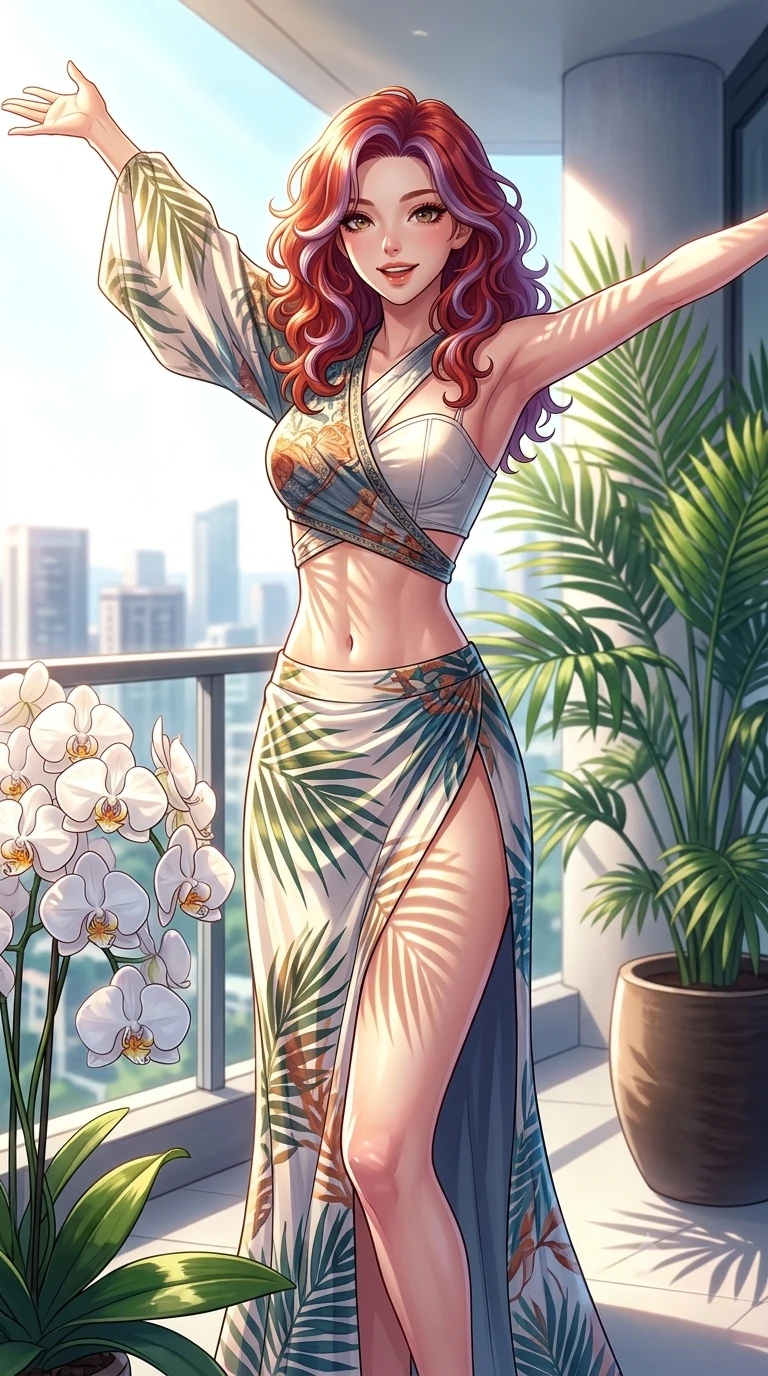 score_9, masterpiece, best quality, ultra-detailed, high-budget anime keyframe, vibrant anime aesthetic, Caucasian woman, strictly human ears. cowboy shot from the thighs up, character and outfit filling the frame for maximum presence. She is posing with a joyful, energetic smile, stretching her arms out playfully on a hotel suite terrace with white orchids (Code-P20-108). She has an absolutely perfect 8-heads proportion, an exceptionally tall and slender female figure with impossibly long slender legs and an ultra-slim waist. V-shaped jawline, high-bridge nose, intricate jewel-like eyes with depth, thick eyelashes, glossy lips with a natural sheen. wearing a fusion top with exposed waist and high-slit skirt. She is drenched in brilliant afternoon sunshine, casting patterns of palm leaves over her. 2k, ultra detail, master piece, 9:16 ratio