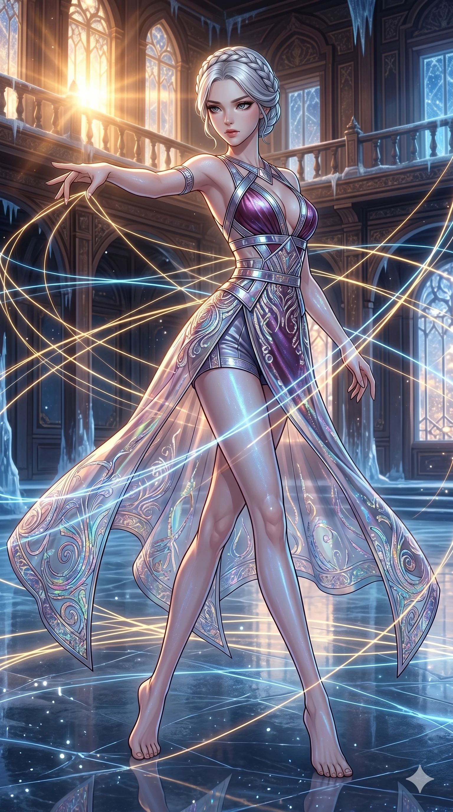 score_9, masterpiece, best quality, ultra-detailed, high-budget anime movie keyframe, cinematic anime lighting, intricate line art, Korean woman. Dynamic full-body shot stretching the vertical silhouette across the 9:16 frame. weaving threads of light in a frozen starlight ballroom during a golden sunset. She has an absolutely perfect 8-heads proportion, an exceptionally tall and slender female figure with an ultra-slim waist and impossibly long slender legs. sharp v-shaped jawline, high-bridge nose, intricate jewel-like eyes, thick eyelashes, glossy lips. Wearing modernized deep-plunging silk hanbok-fusion with metallic straps, a high-slit sheer skirt over micro-shorts, and holographic embroidered patterns. The scene is illuminated by dramatic atmospheric lighting and vibrant color palettes. , 2k, ultra detail, master piece, 9:16 ratio
