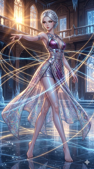 score_9, masterpiece, best quality, ultra-detailed, high-budget anime movie keyframe, cinematic anime lighting, intricate line art, Korean woman. Dynamic full-body shot stretching the vertical silhouette across the 9:16 frame. weaving threads of ligh