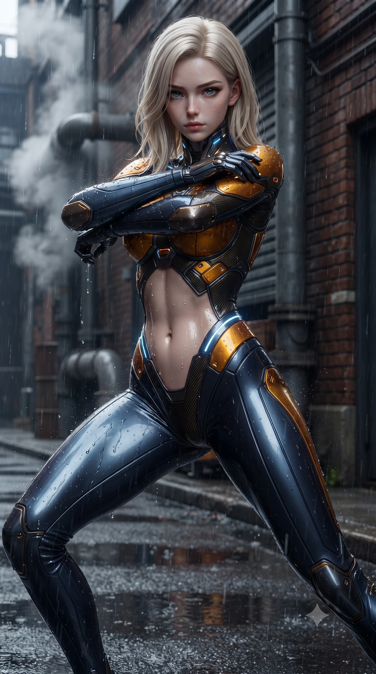 score_9, masterpiece, best quality, ultra-detailed, high-budget anime keyframe, editorial fashion photography, tasteful artistic composition, Caucasian woman. close-up cowboy shot from the waist and thighs up, the character dominates the composition, filling the frame with her large presence. shifting into a low cat-stance with arms crossed defensively, glowing energy conduits tracing her ultra-slim waist and sculpted clavicle while arching her spine in a fluid S-curve martial roll between steam pipes as blue electricity illuminates her sleek silhouette. The surrounding environment is rendered in vivid detail and crisp panoramic clarity. sharp splashing raindrop beads, wet asphalt reflections, and textured brick wall grain in deep focus. She has an exceptionally elegant, slender, and willowy female figure with an ultra-slim waist, a gracefully sculpted slender torso, toned flat midriff, and a refined slim silhouette. sharp v-shaped jawline, high-bridge nose, intricate jewel-like eyes with depth, thick eyelashes, glossy lips with a natural sheen, flawlessly proportioned anatomical accuracy, strict slender model proportions, natural body alignment, perfectly sculpted long slender limbs, ultra-slim waistline, clean dynamic posture without body distortion. wearing a statuesque midnight cobalt carbon-fiber battle-suit with platinum trim, reinforced kinetic palm plates, and an ultra-slim waistline in molten amber-gold carbon cuirass with dark titanium weave, made of liquid carbon-jersey fabric adhering flawlessly to her sculpted silhouette, featuring a sleek aerodynamic collar framed by subtle glowing cybernetic status LEDs, the precision-cut daring openings accentuating her delicate midriff, graceful bare collarbones, and ultra-slim feminine waistline. illuminated by wet reflective highlights tracing her sculpted flat midriff, waist, and long legs. ultra-reflective glossy finish, specular highlights, dark metallic sheen, high-contrast stereoscopic depth, volumetric dynamic lighting, 2k, ultra detail, master piece, 9:16 ratio