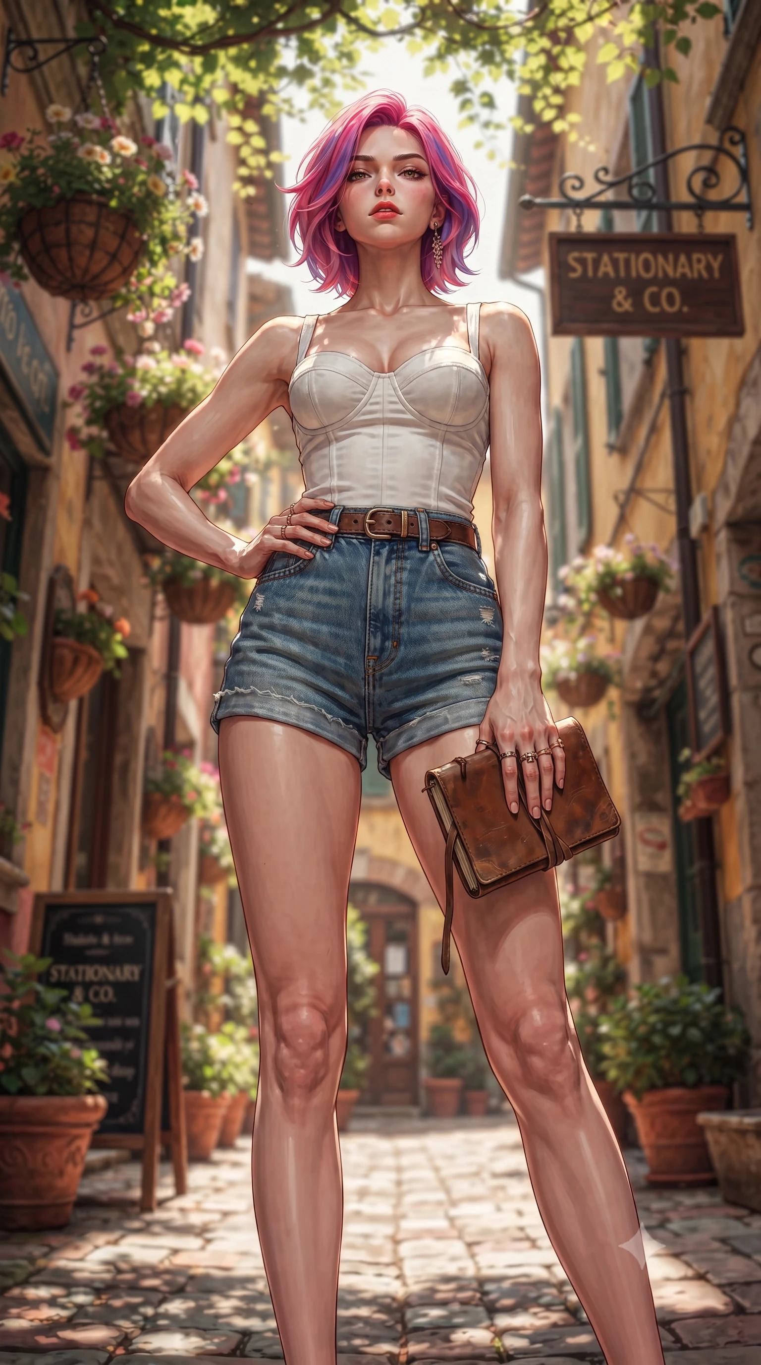 score_9, masterpiece, best quality, ultra-detailed, high-budget anime keyframe, editorial fashion photography, tasteful artistic composition, Caucasian woman. low angle full-body shot from head to toe showing her feet, filling the entire 9:16 vertical frame with her statuesque presence, stretching her vertical silhouette. standing in a captivating power pose, tilting her chin up with a smoldering, bright expression set against a soft-focus background of in a colorful alley decorated with hanging flower baskets and wooden signs holding a classic leather notebook bought from the stationery shop. She has an absolutely perfect, statuesque 8.5-heads proportion, an exceptionally tall and slender model-like female figure with impossibly long slender legs and an ultra-slim waist. sharp v-shaped jawline, high-bridge nose, intricate jewel-like eyes with depth, thick eyelashes, glossy lips with a natural sheen. wearing body-hugging tailored cotton bustier top paired with high-waist denim shorts. dappled sunlight casting soft leaf shadows on the shop walls and her skin. ultra-reflective glossy finish, specular highlights, metallic sheen, high-contrast stereoscopic depth, volumetric dynamic lighting, 2k, ultra detail, master piece, 9:16 ratio