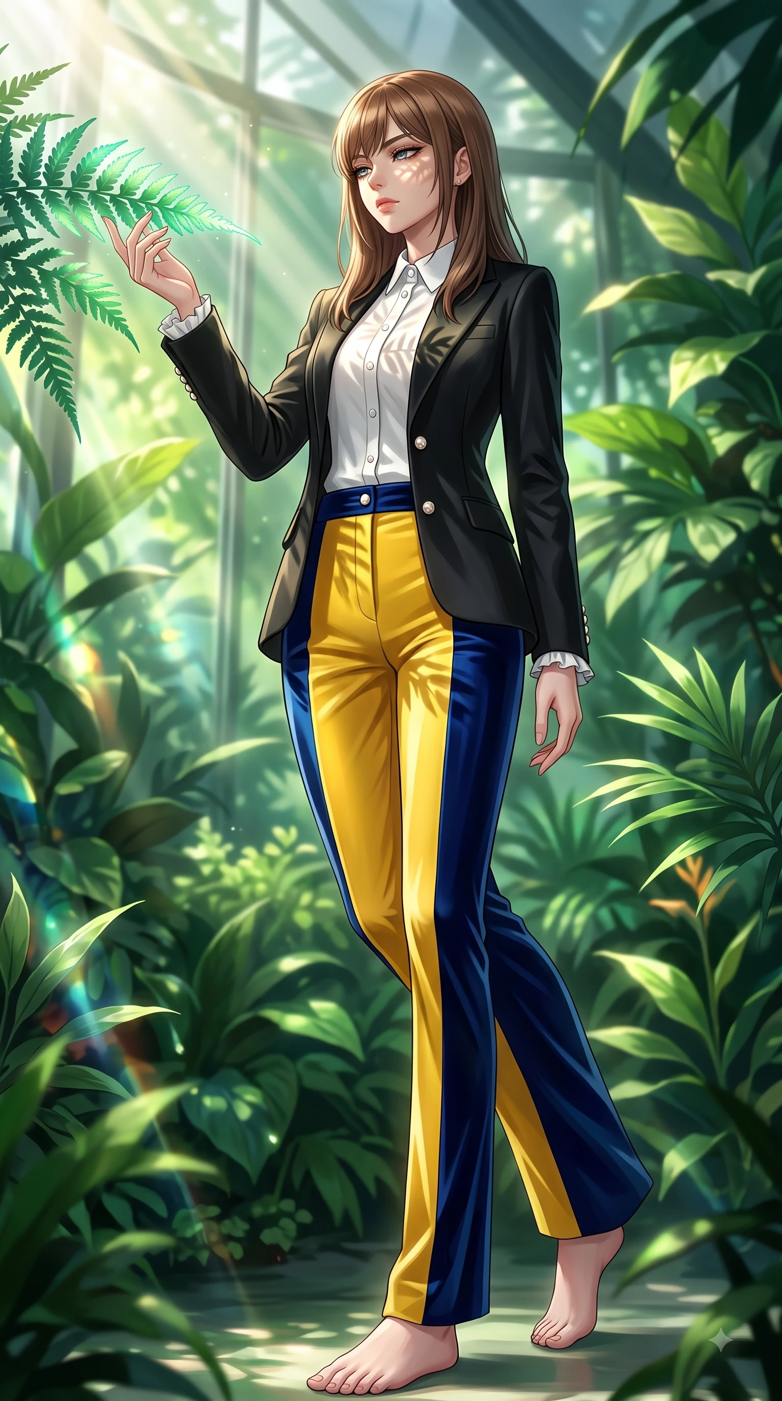 score_9, masterpiece, best quality, ultra-detailed, high-budget anime keyframe, editorial fashion photography, tasteful artistic composition, Korean woman. low angle full-body shot from head to toe showing her feet, filling the entire 9:16 vertical frame with her statuesque presence, stretching her vertical silhouette. Indifferent cold glance casting a disdainful side-eye from beneath long dark eyelashes with aloof confidence while reaching out elegantly to touch a bioluminescent fern leaf under streaming sunbeams. The surrounding environment is rendered in vivid detail and crisp panoramic clarity. rich emerald green foliage and sunlit glass refractions captured with high environmental clarity. She has an absolutely perfect, statuesque 8.5-heads proportion, an exceptionally tall and slender model-like female figure with impossibly long slender legs and an ultra-slim waist. sharp v-shaped jawline, high-bridge nose, intricate jewel-like eyes with depth, thick eyelashes, glossy lips with a natural sheen, flawlessly proportioned anatomical accuracy, natural body alignment, perfectly sculpted elegant limbs, clean dynamic posture without body distortion. wearing a sleek jet black tailored blazer over a crisp white button-down and trousers in sunflower yellow and royal navy blue, made of premium stretch velvet with a rich glossy sheen, accented with delicate pearl buttons and refined ruffle trims, the fluid drape swaying gracefully with her dynamic editorial movement. illuminated by fresh botanical ambient glow with organic leaf stencil shadows. highly saturated vibrant anime colors, detailed shading with soft gradients, rich glossy textures, high-contrast stereoscopic depth, volumetric dynamic lighting, master piece, 9:16 ratio