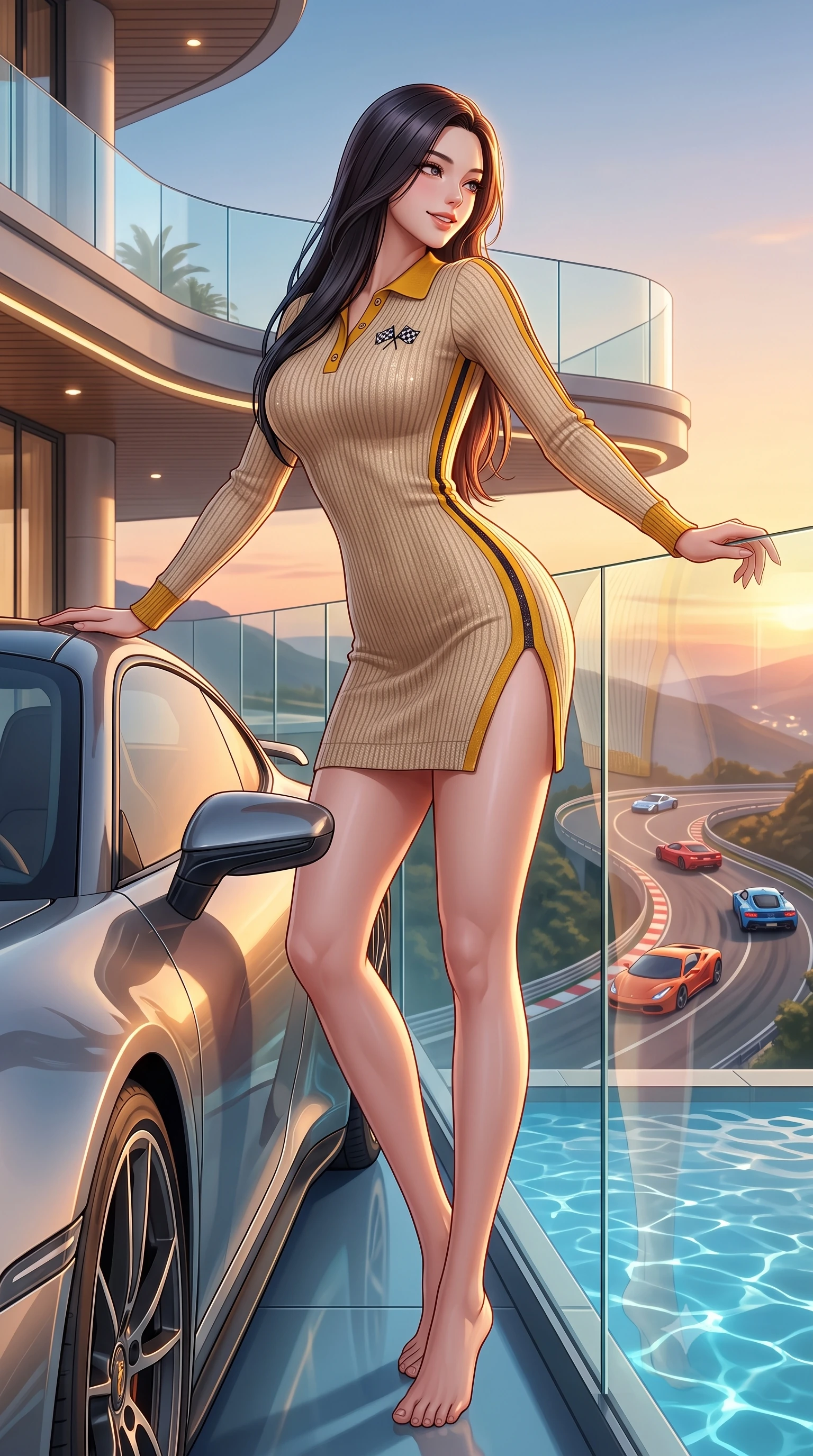 score_9, masterpiece, best quality, ultra-detailed, high-budget anime keyframe, semi-realistic 3D game render, editorial fashion photography, tasteful artistic composition, Korean woman. low angle full-body shot from head to toe showing her feet, filling the entire 9:16 vertical frame with her statuesque presence, stretching her vertical silhouette. standing in a tall, confident posture with one hand on the sports car roof, stretching her statuesque body as she arches her lower back to emphasize her sculpted feminine hips and slender waist while leaning against the glass balustrade with hips cocked back, looking over a bare shoulder toward roaring supercars navigating the turn below. The surrounding environment is rendered in vivid detail and crisp panoramic clarity: detailed athletic suit fabric weave, sunset highlights on skin, and luxury hotel rooftop architecture in razor-sharp precision. She has an absolutely perfect, statuesque 8.5-heads proportion, an exceptionally tall and slender model-like female figure with impossibly long slender legs, an ultra-slim waist, a flat toned midriff, narrow delicate ribcage, and beautifully sculpted feminine hips creating a graceful, slim hourglass silhouette without any bulky heaviness. sharp v-shaped jawline, high-bridge nose, sparkling eyes with athletic focus and depth, thick curled eyelashes, glossy parted lips with a natural coral-peach sheen, bright confident and coquettish smile with alluring bedroom-eyes, exuding both youthful sporty vigor and sovereign high-society glamour, flawlessly proportioned anatomical accuracy, strict slender model proportions, natural body alignment, perfectly sculpted long slender limbs, ultra-slim waistline, clean dynamic posture without body distortion. wearing a retro-chic ribbed polo sweater dress with a high side thigh slit and form-fitting silhouette in warm oatmeal beige and deep Ferrari yellow, woven from metallic lurex and technical nylon with subtle starlight glints, finished with contrasting racing stripe tape and subtle checkered flag embroidery, the high-waisted wrap tailoring accentuating her ultra-slim waistline and the enchanting curve of her feminine hips with alluring sporty charm. illuminated by pool water caustic bounce and sharp warm-gold rim lights sculpting her razor-sharp jawline, narrow waist, and curvy hips. highly saturated vibrant anime colors, detailed shading with soft gradients, rich glossy textures, high-contrast stereoscopic depth, volumetric dynamic lighting, master piece, 9:16 ratio
