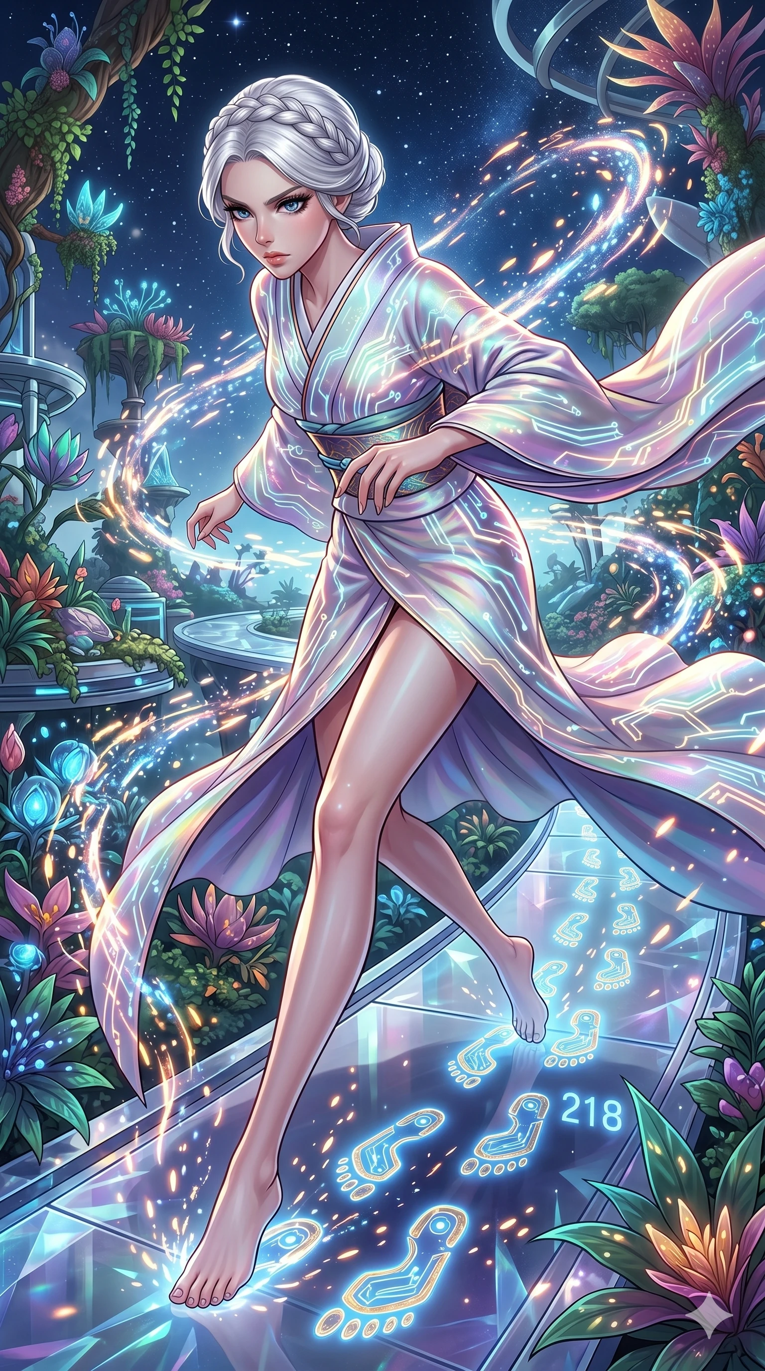 score_9, masterpiece, best quality, ultra-detailed, Set A: High-budget Anime Keyframe, Japanese woman. Upper body close-up from the thighs up, character filling the screen for maximum presence. Sliding through a floating botanical garden, as she leaves a trail of 218 glowing footprints and surrounded by glowing energy sparks. She has an absolutely perfect 8-heads proportion, an exceptionally tall and slender female figure with impossibly long slender legs and an ultra-slim waist. Sharp v-shaped jawline, high-bridge nose, intricate jewel-like eyes with depth, thick eyelashes, glossy lips with a natural sheen. Wearing Ornate traditional silk gown with futuristic glowing patterns and a massive high slit. Cinematic lighting, vibrant colors, dramatic shadows, 2k, ultra detail, master piece, 9:16 ratio