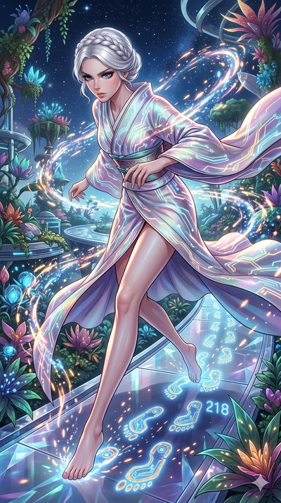 score_9, masterpiece, best quality, ultra-detailed, Set A: High-budget Anime Keyframe, Japanese woman. Upper body close-up from the thighs up, character filling the screen for maximum presence. Sliding through a floating botanical garden, as she leav