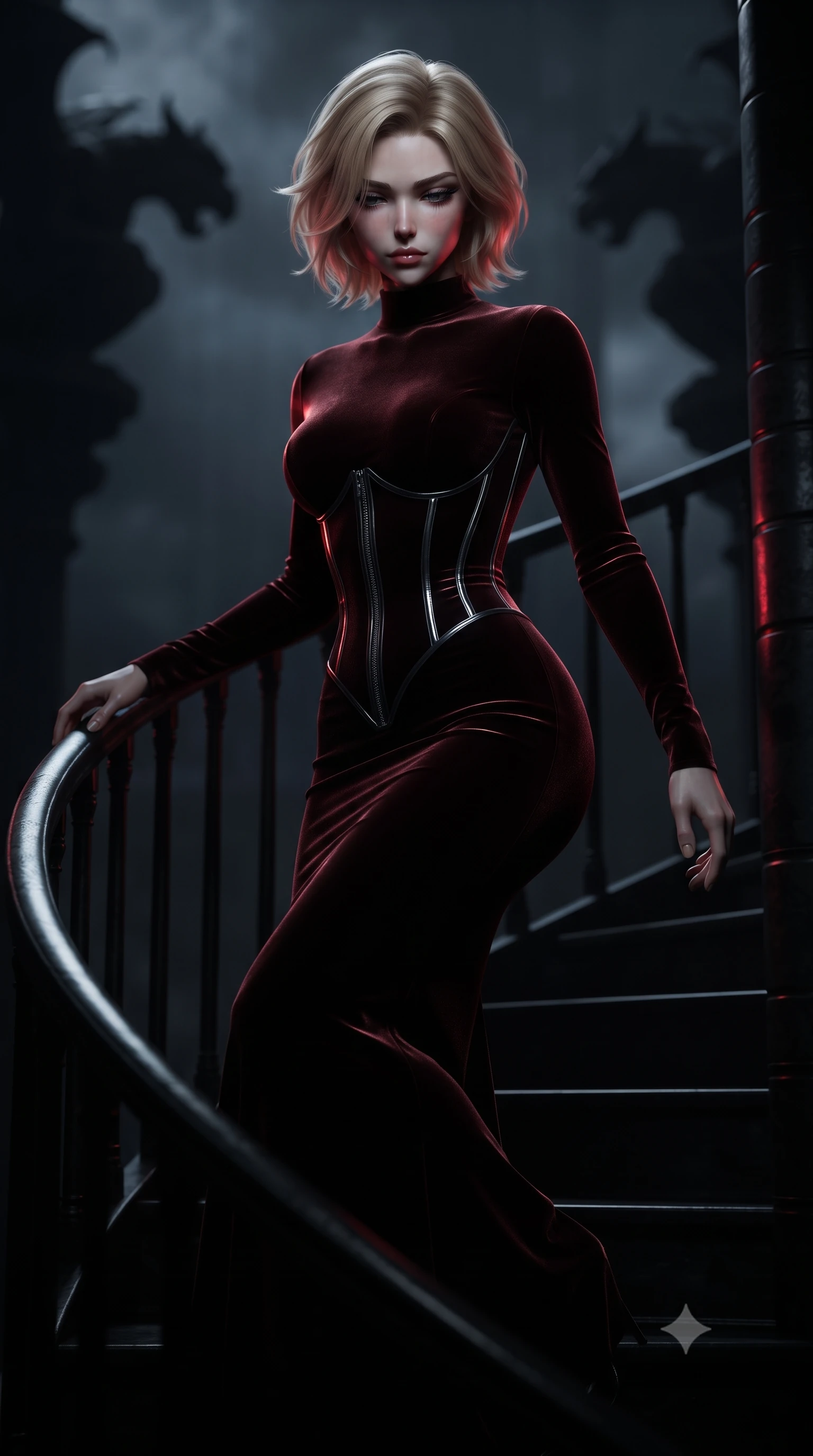 score_9, masterpiece, best quality, ultra-detailed, high-budget anime keyframe, editorial fashion photography, tasteful artistic composition, Caucasian woman. close-up cowboy shot from the waist and thighs up, the character dominates the composition, filling the frame with her large presence, background elements kept in soft focus. Casting a slow, direct gaze beneath heavy lashes with quiet intensity, ascending a dark obsidian spiral staircase inside a stormy cathedral tower, shadowy gargoyle silhouettes looming ominously in the background. She has an exceptionally elegant, slender, and willowy female figure with an ultra-slim waist, a gracefully sculpted slender torso, and a refined silhouette. sharp v-shaped jawline, high-bridge nose, intricate jewel-like eyes with depth, thick eyelashes, glossy lips with a natural sheen. wearing sculpted form-fitting dark velvet column gown in pitch black in dark mahogany, made of liquid dark mercury jersey, finished with metallic silver boning and sleek zipper points, following her slender form with tailored precision. bathed in sharp crimson laser rim light piercing cold midnight shadows. ultra-reflective glossy finish, specular highlights, metallic sheen, high-contrast stereoscopic depth, volumetric dynamic lighting, 2k, ultra detail, master piece, 9:16 ratio