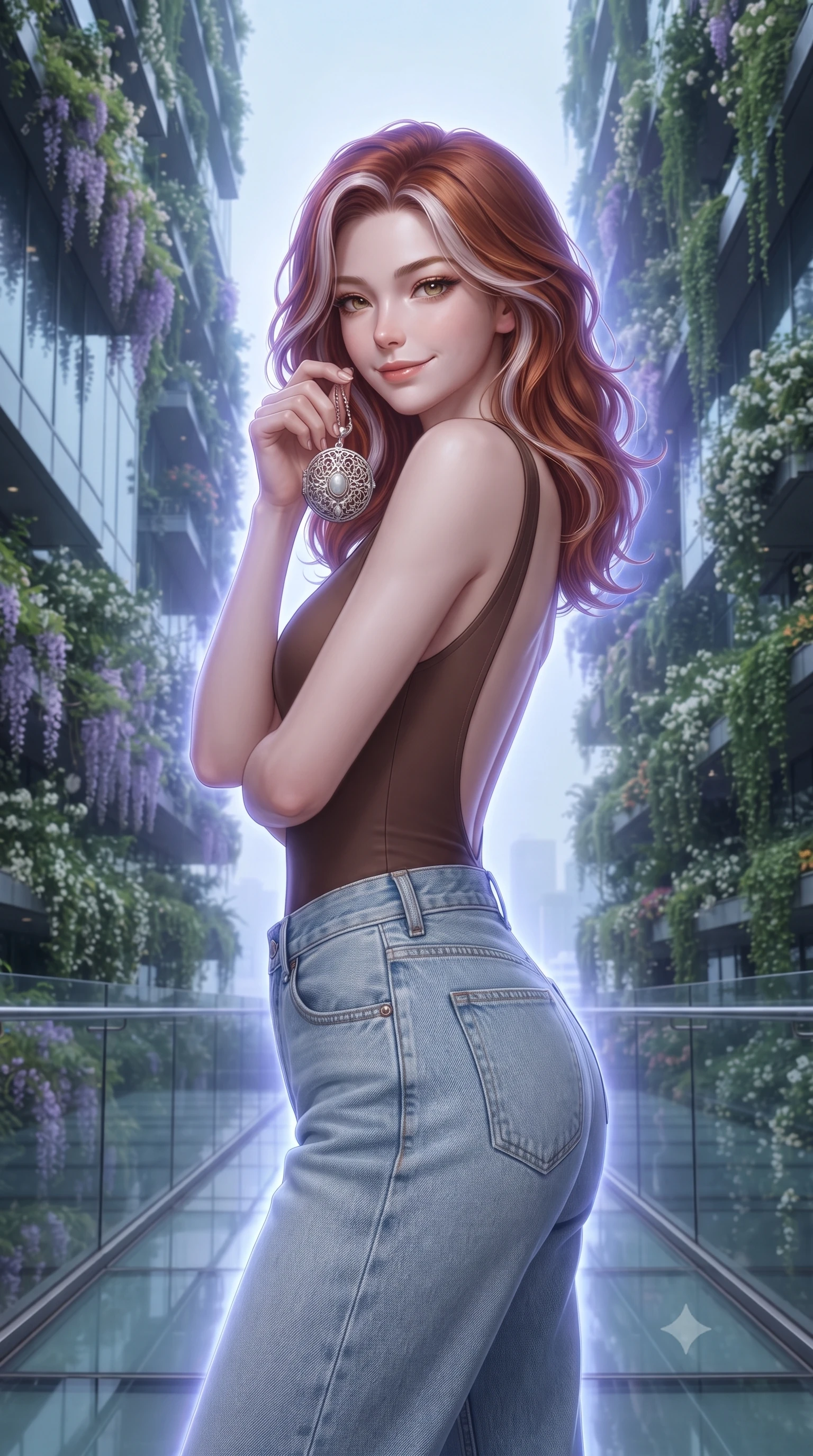 score_9, masterpiece, best quality, ultra-detailed, high-budget anime keyframe, editorial fashion photography, tasteful artistic composition, Caucasian woman, strictly human ears. close-up cowboy shot from the waist and thighs up, the character dominates the composition, filling the frame with her large presence, background elements kept in soft focus. Holding a delicate object up near her face while gazing at the viewer with a knowing smile. set against a soft-focus background of an elevated glass walkway between two mirror-clad skyscrapers completely covered in cascading vertical gardens with flowering wisteria jasmine and trailing ivy framing the sky corridor. She has an exceptionally elegant and slender, willowy female figure with an ultra-slim waist, a gracefully sculpted slender torso, and a refined slim physique. sharp v-shaped jawline, high-bridge nose, intricate jewel-like eyes with depth, thick eyelashes, glossy lips with a natural sheen. wearing a chocolate brown bodysuit with an open back, paired with high-waisted light-wash boyfriend jeans. cool ethereal blue-violet bioluminescent glow wrapping around her from all sides. 2k, ultra detail, master piece, 9:16 ratio