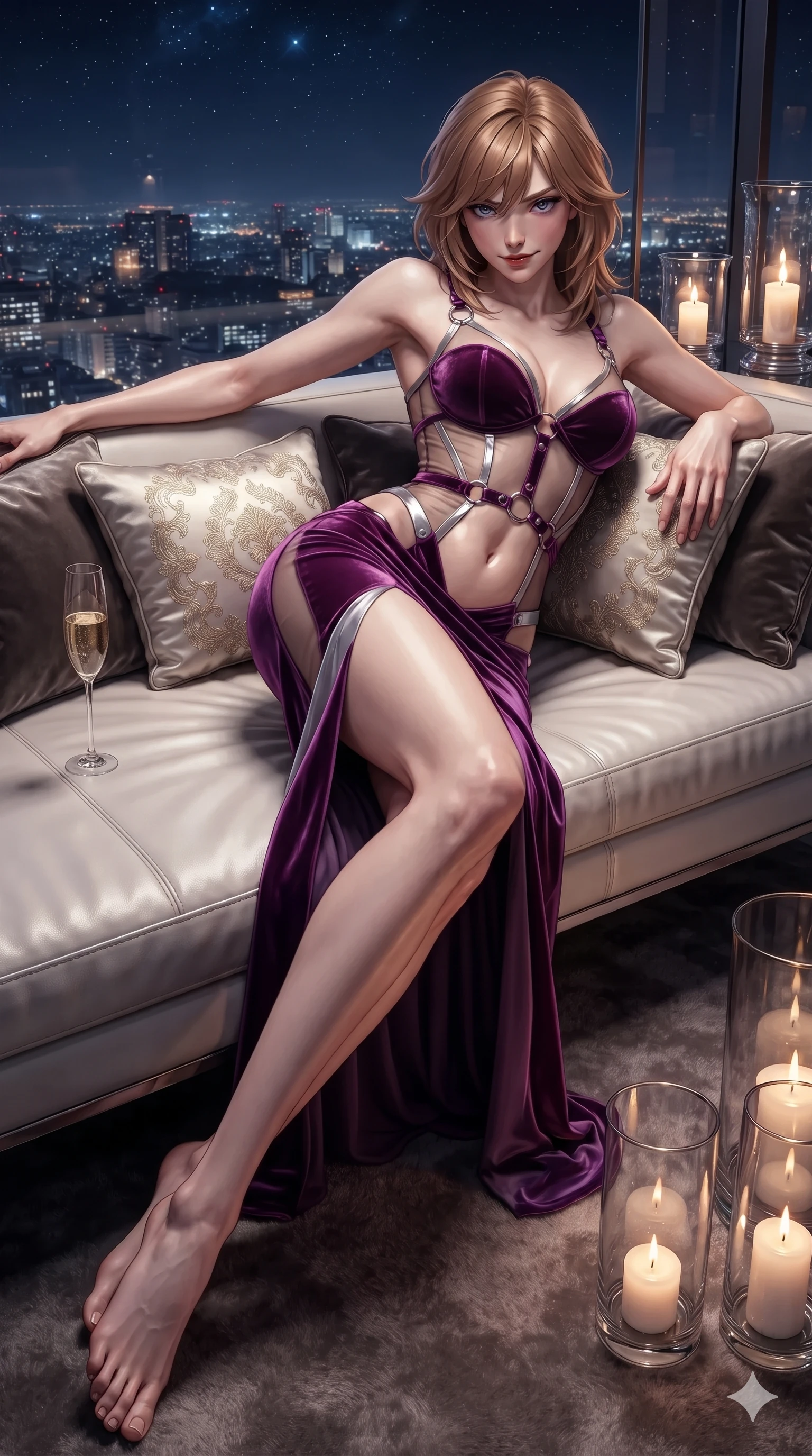 score_9, masterpiece, best quality, ultra-detailed, high-budget anime keyframe, editorial fashion photography, tasteful artistic composition, Korean woman. low angle full-body shot from head to toe showing her feet, filling the entire 9:16 vertical frame with her statuesque presence, stretching her vertical silhouette. reclining languidly across the velvet banquette with one knee bent and hips angled toward the camera, displaying her toned midriff and long slender limbs with effortless sensual charisma while twisting her slender torso in an alluring S-curve across plush silk cushions, city lights reflecting off her flat midriff and hips. The surrounding environment is rendered in vivid detail and crisp panoramic clarity: sharp stitched white leather daybed seams, silk cushion embroidery, and crystal glass champagne flute clarity in deep focus. She has an exceptionally tall and slender model-like 8.5-heads proportion, an ultra-slim waist, a flat toned midriff, narrow delicate ribcage, and beautifully sculpted feminine hips creating a graceful, slim hourglass silhouette without any bulky heaviness, with impossibly long slender legs. sharp v-shaped jawline, high-bridge nose, intricate jewel-like dark sparkling eyes with dangerous depth, thick curled eyelashes, glossy parted lips with a rich wine sheen, smoldering seductive half-smile with bedroom-eyes, exuding effortless superiority and intoxicating dark allure, flawlessly proportioned anatomical accuracy, strict slender model proportions, natural body alignment, perfectly sculpted long slender limbs, ultra-slim waistline, clean dynamic posture without body distortion. wearing a sheer-illusion mesh corset gown with strategic opaque velvet panels framing her waist and hips in royal amaranth purple and liquid platinum, made of fluid liquid jersey with seamless sculpting hold and smooth contours, accented with sculptural chrome hardware rings framing the subtle cutouts, the bespoke structured tailoring following the natural line of her 8.5-heads silhouette with refined elegance. bathed in atmospheric ambient starlight and warm candlelight from glass hurricanes. ultra-reflective glossy finish, specular highlights, rich textural contrasts, high-contrast stereoscopic depth, volumetric dynamic lighting, 2k, ultra detail, master piece, 9:16 ratio