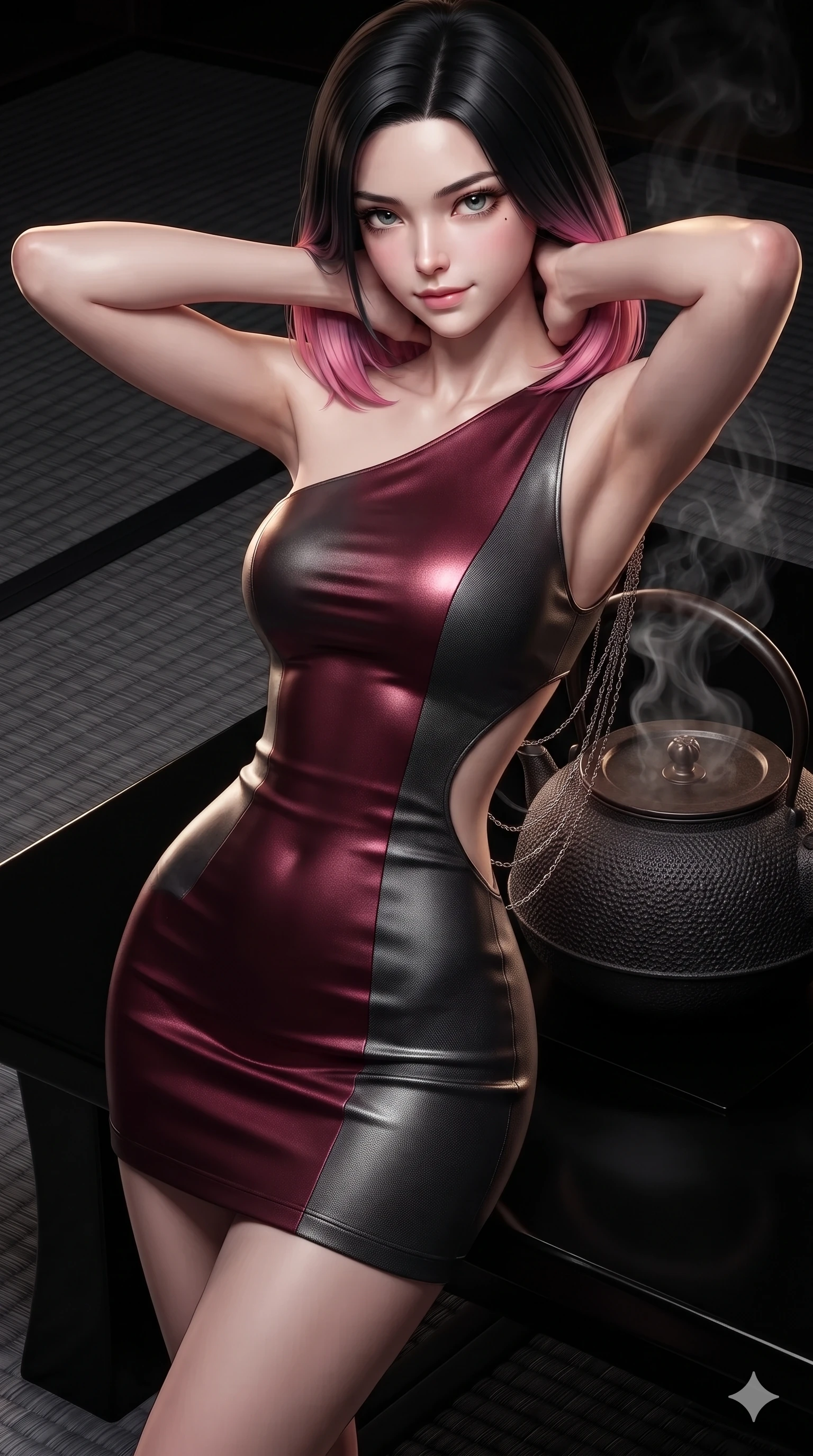 score_9, masterpiece, best quality, ultra-detailed, high-budget anime keyframe, editorial fashion photography, tasteful artistic composition, Korean woman. close-up cowboy shot from the waist and thighs up, the character dominates the composition, filling the frame with her large presence. resting both hands lightly behind her neck with elbows raised, arching her spine to highlight her narrow waist and flat midriff while twisting her slender torso in an alluring S-curve beside the steaming cast-iron tetsubin kettle, fragrant black incense smoke drifting past her curves. The surrounding environment is rendered in vivid detail and crisp panoramic clarity: sharp woven charcoal tatami mat texture, cast-iron kettle rough pebble surface, and black lacquer table gloss in deep focus. She has an exceptionally elegant, slender, and willowy female figure with an ultra-slim waist, flat toned midriff, narrow ribcage, and sculpted feminine hips creating an alluring, slim hourglass silhouette without bulk. sharp v-shaped jawline, high-bridge nose, intricate jewel-like dark sparkling eyes with hypnotic seductive depth, thick curled eyelashes, glossy parted lips with a natural wine sheen, alluring bedroom-eyes with an enigmatic smoldering smile, exuding magnetic sovereign charisma and dark avant-garde glamour, flawlessly proportioned anatomical accuracy, strict slender model proportions, natural body alignment, perfectly sculpted long slender limbs, ultra-slim waistline, clean dynamic posture without body distortion. wearing an asymmetric one-shoulder liquid mercury metallic mini dress hugging her narrow waist and curvy hips in deep crimson burgundy and matte charcoal, woven from bespoke high-density barathea wool with refined ceremonial hold, accented with an open-back drape framed by falling strands of delicate chrome chains, the bespoke structured tailoring following the natural line of her 8.5-heads silhouette with refined elegance. illuminated by black lacquer table surface bounce and sharp warm-gold rim lights sculpting her razor-sharp jawline, narrow waist, and curvy hips. ultra-reflective glossy finish, specular highlights, metallic sheen, high-contrast stereoscopic depth, volumetric dynamic lighting, 2k, ultra detail, master piece, 9:16 ratio