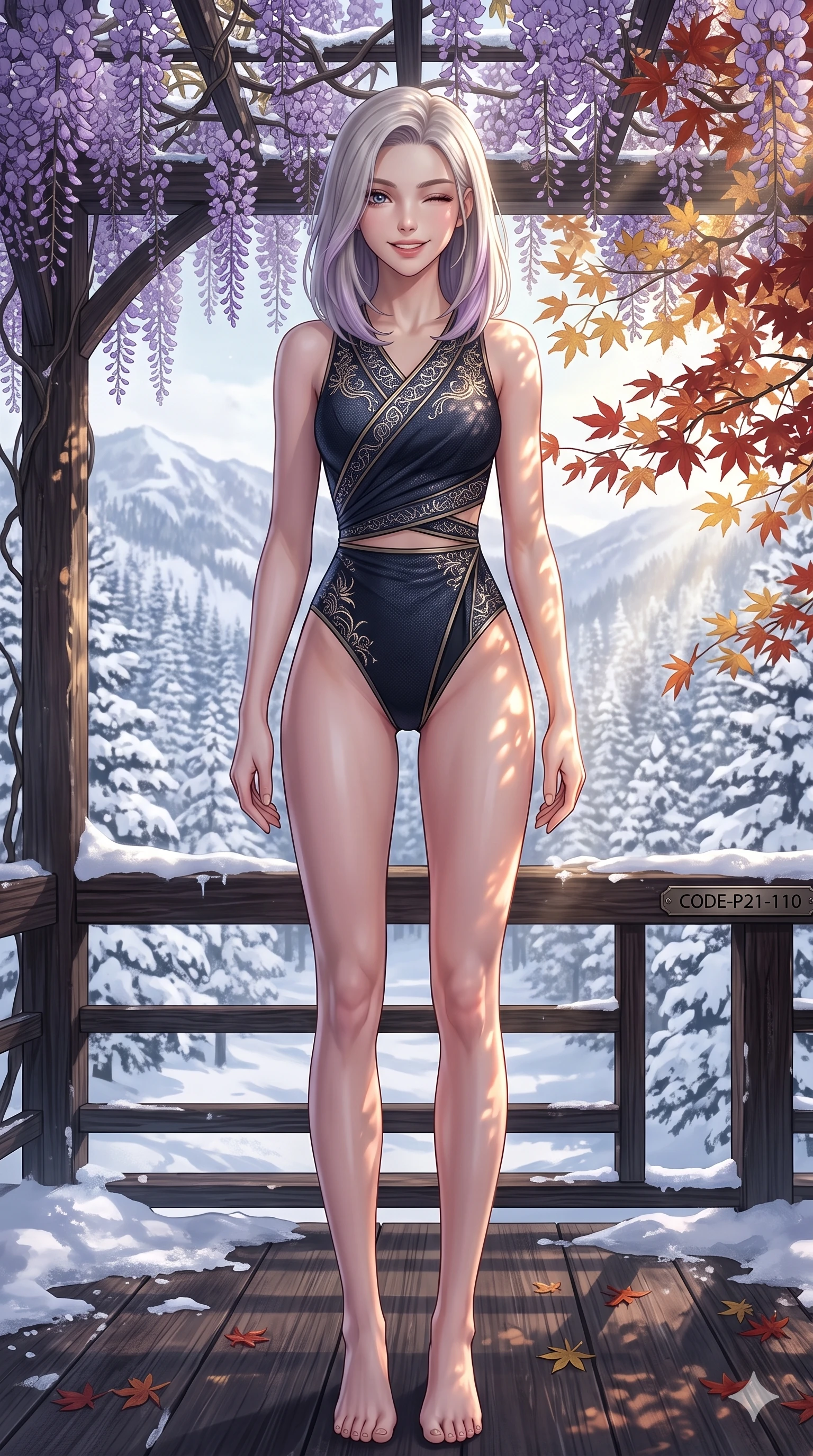 score_9, masterpiece, best quality, ultra-detailed, high-budget anime keyframe, vibrant anime aesthetic, Caucasian woman, strictly human ears. cowboy shot from the thighs up, character and outfit filling the frame for maximum presence. She is standing under wisteria vines, winking with a delightful and smiling face in winter by a mountain resort deck overlooking the snowy forest (Code-P21-110). She has an absolutely perfect 8-heads proportion, an exceptionally tall and slender female figure with impossibly long slender legs and an ultra-slim waist. V-shaped jawline, high-bridge nose, intricate jewel-like eyes with depth, thick eyelashes, glossy lips with a natural sheen. wearing a bodycon resort bodysuit with refined side vent wrap and cropped silhouette in winter. She is soft gold sunbeams filtered through autumn maples, creating a mystical and elegant glow. 2k, ultra detail, master piece, 9:16 ratio