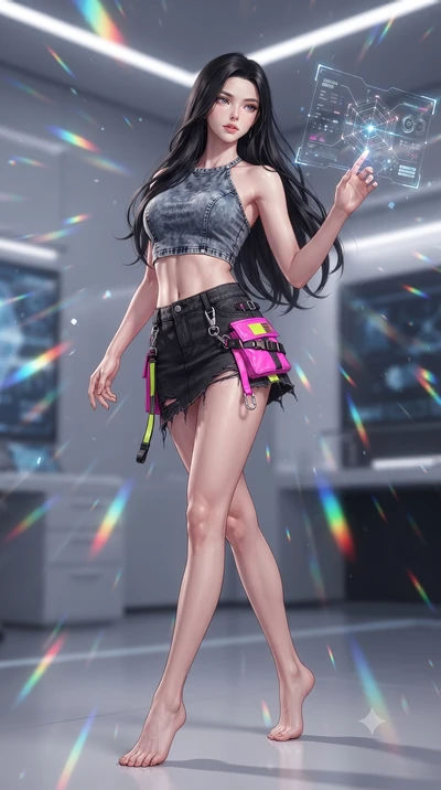 score_9, masterpiece, best quality, ultra-detailed, high-budget anime keyframe, editorial fashion photography, tasteful artistic composition, Korean woman. low angle full-body shot from head to toe showing her feet, filling the entire 9:16 vertical f