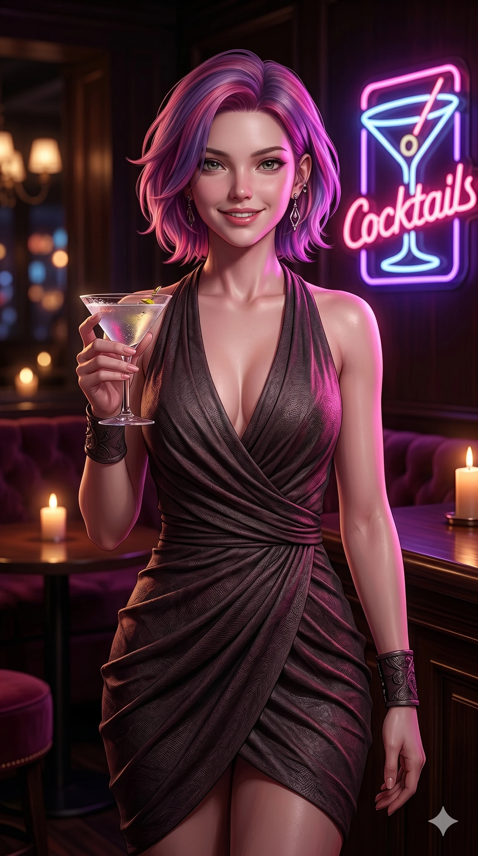 score_9, masterpiece, best quality, ultra-detailed, high-budget anime keyframe, semi-realistic 3D game render, Caucasian woman, strictly human ears. Upper body close-up from the thighs up, character filling the screen for maximum presence. Standing next to a retro neon cocktail sign in a lounge, holding a drink, looking towards the camera with a charming, friendly smile. She is wearing a high-fashion draped wrap dress with a V-neckline and wrist cuffs. The scene is lit by warm candlelight and the pink glow of the neon cocktail sign. 2k, ultra detail, master piece, 9:16 ratio