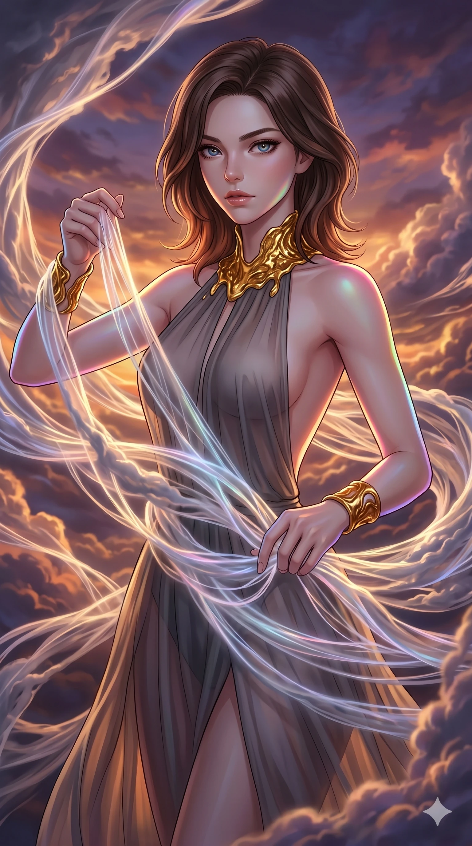 score_9, masterpiece, best quality, ultra-detailed, high-budget anime keyframe, Korean woman. upper body close-up from the thighs up, character filling the screen for maximum presence. threading through a volumetric cloud weave where storm clouds are spun like silk thread under a dramatic sunset glow. She has an absolutely perfect 8-heads proportion, an exceptionally tall and slender female figure with impossibly long slender legs and an ultra-slim waist. V-shaped jawline, high-bridge nose, intricate jewel-like eyes with depth, thick eyelashes, glossy lips with a natural sheen.. wearing a molten gold and chiffon gown, featuring organic liquid gold collar and cuffs on a translucent charcoal-gray halter neck chiffon gown with a deep backless design. enhanced by a luminous pastel spectrum glow, casting elegant rim lights on her shoulders and jawline. 2k, ultra detail, master piece, 9:16 ratio