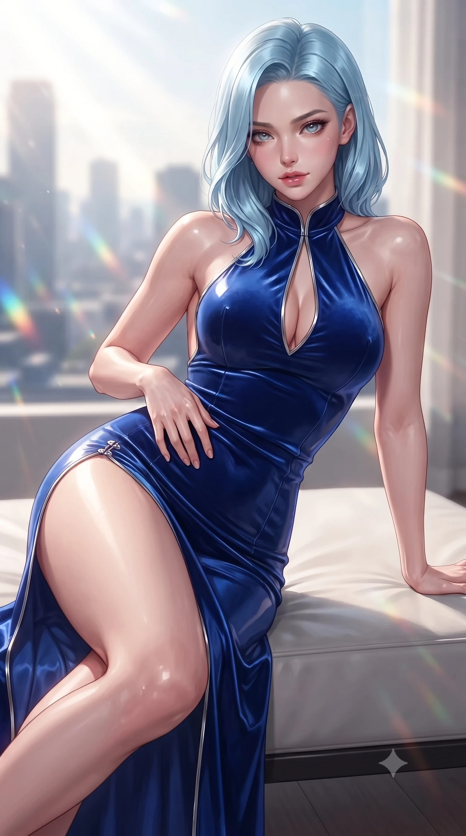 score_9, masterpiece, best quality, ultra-detailed, high-budget anime keyframe, editorial fashion photography, tasteful artistic composition, Korean woman. close-up cowboy shot from the waist and thighs up, the character dominates the composition, filling the frame with her large presence. twisting her upper body in a dynamic S-curve with an alluring smolder, one hand trailing along her slender waist while lounging seductively in a minimalist designer daybed framed by bright morning sunbeams and city sky views. The composition keeps background elements in soft focus with creamy bokeh. streaming daylight creating soft, glowing ambient refractions across the background. She has an exceptionally elegant, slender, and willowy female figure with an ultra-slim waist, a gracefully sculpted slender torso, toned flat midriff, and a refined slim silhouette. sharp v-shaped jawline, high-bridge nose, intricate jewel-like eyes with depth, thick eyelashes, glossy lips with a natural sheen, flawlessly proportioned anatomical accuracy, strict slender model proportions, natural body alignment, perfectly sculpted long slender limbs, ultra-slim waistline, clean dynamic posture without body distortion. wearing a velvet halter-neck midi dress fitting her statuesque contour flawlessly with a Tasteful chest slit and open spine in liquid electric cobalt blue and polished silver, crafted from ultra-reflective second-skin latex with a high-gloss glass-like polish, finished with an ultra-high side slit secured by miniature magnetic clasps, the liquid-tight tailored fabric emphasizing every curve of her tall, slender model proportions and sculptured silhouette during dynamic movement. illuminated by crisp white studio key light with specular chrome and marble reflections. ultra-reflective glossy finish, specular highlights, metallic sheen, high-contrast stereoscopic depth, volumetric dynamic lighting, 2k, ultra detail, master piece, 9:16 ratio