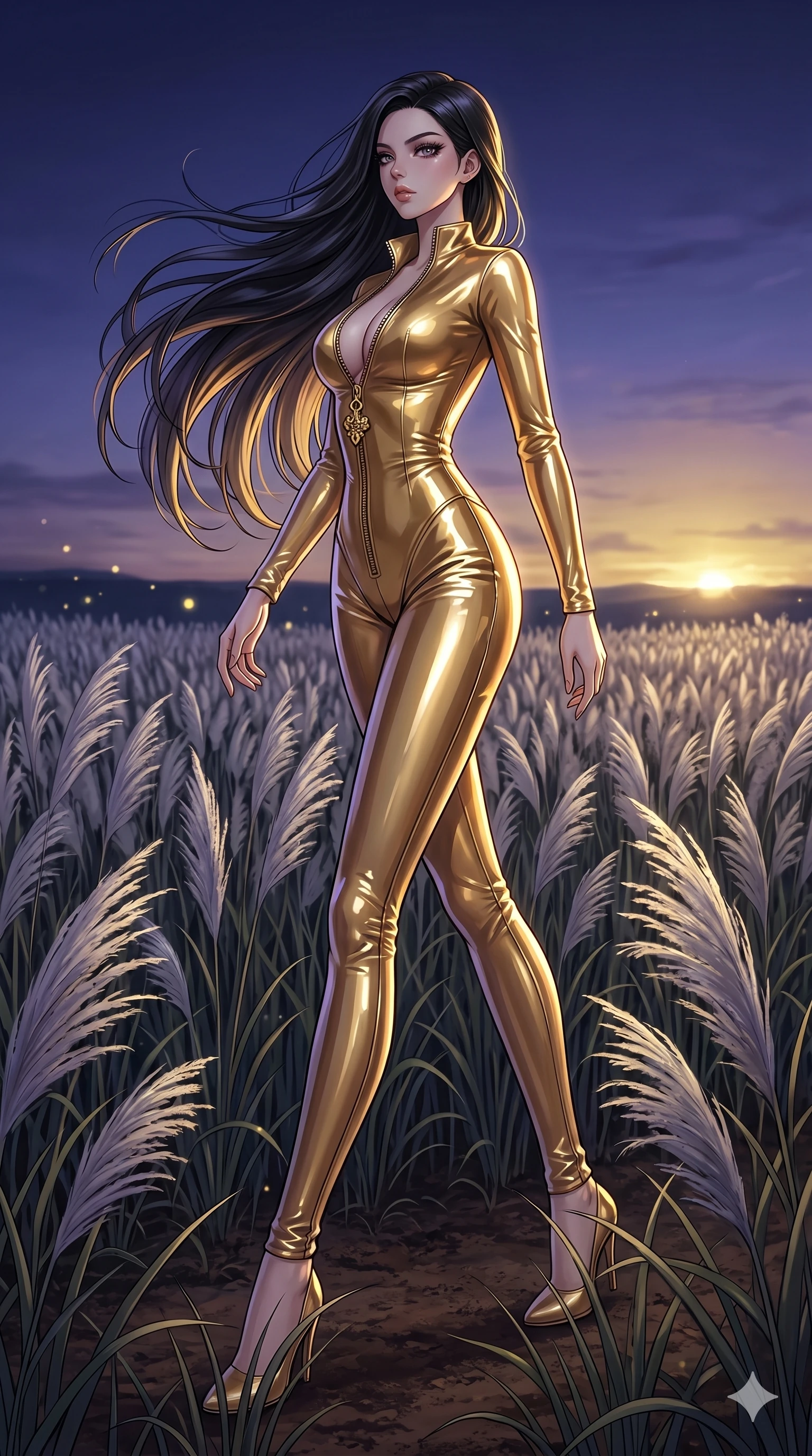 score_9, masterpiece, best quality, ultra-detailed, High-budget Anime Keyframe, East Asian woman. Dynamic full-body shot stretching the vertical silhouette to the limit. Scenario 118: Walking through a field of tall silver grass at twilight. Her presence is magnetic and overpowering in this high-budget anime scene. Outfit 118: A patent leather gold with a unzipped detail and tight-fitting silhouette. The clothing is designed to emphasize her exceptionally tall and slender 8-heads proportion. 8-heads proportion, towering silhouette, ultra-slim waist. sharp v-shaped jawline, intricate jewel-like eyes with depth, thick eyelashes, glossy lips. 2k, ultra detail, master piece, 9:16 ratio