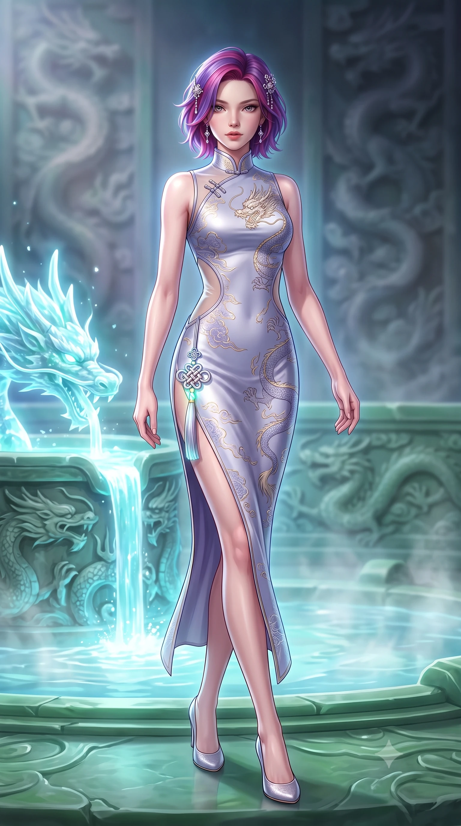 score_9, masterpiece, best quality, ultra-detailed, high-budget anime keyframe, semi-realistic 3D game render, editorial fashion photography, tasteful artistic composition, Caucasian woman. low angle full-body shot from head to toe showing her feet, filling the entire 9:16 vertical frame with her statuesque presence, stretching her vertical silhouette. stepping forward gracefully in mid-motion, displaying her toned flat midriff and flawlessly sculpted slender limbs while standing poised on a sculpted jade terrace beside a glowing crystalline dragon spring where bioluminescent water cascades. The composition keeps background elements in soft focus with creamy bokeh. steaming mineral spring waters and carved dragon reliefs softened in atmospheric depth of field. She has an absolutely perfect, statuesque 8.5-heads proportion, an exceptionally tall and slender model-like female figure with impossibly long slender legs, a toned flat midriff, and an ultra-slim waist. sharp v-shaped jawline, high-bridge nose, intricate jewel-like eyes with depth, thick eyelashes, glossy lips with a natural sheen, captivating and magnetic expression, flawlessly proportioned anatomical accuracy, strict slender model proportions, natural body alignment, perfectly sculpted long slender limbs, ultra-slim waistline, clean dynamic posture without body distortion. wearing a dragon-embroidered silk cheongsam modern dress with asymmetrical sheer mesh cutouts and high Mandarin collar in moonlit silver and lavender mist, woven from lightweight fluid silk brocade with woven gold thread, accented with a glowing metallic norigae knot charm and silver hairpin, the glove-like aerodynamic second-skin fit tightly clinging to her ultra-slender waist and athletic curves without adding bulk, accentuating her razor-sharp statuesque lines and slim hourglass silhouette. surrounded by a royal, mythical, and deeply revered dragon palace guardian princess aura. highly saturated vibrant anime colors, detailed shading with soft gradients, rich glossy textures, high-contrast stereoscopic depth, volumetric dynamic lighting, master piece, 9:16 ratio