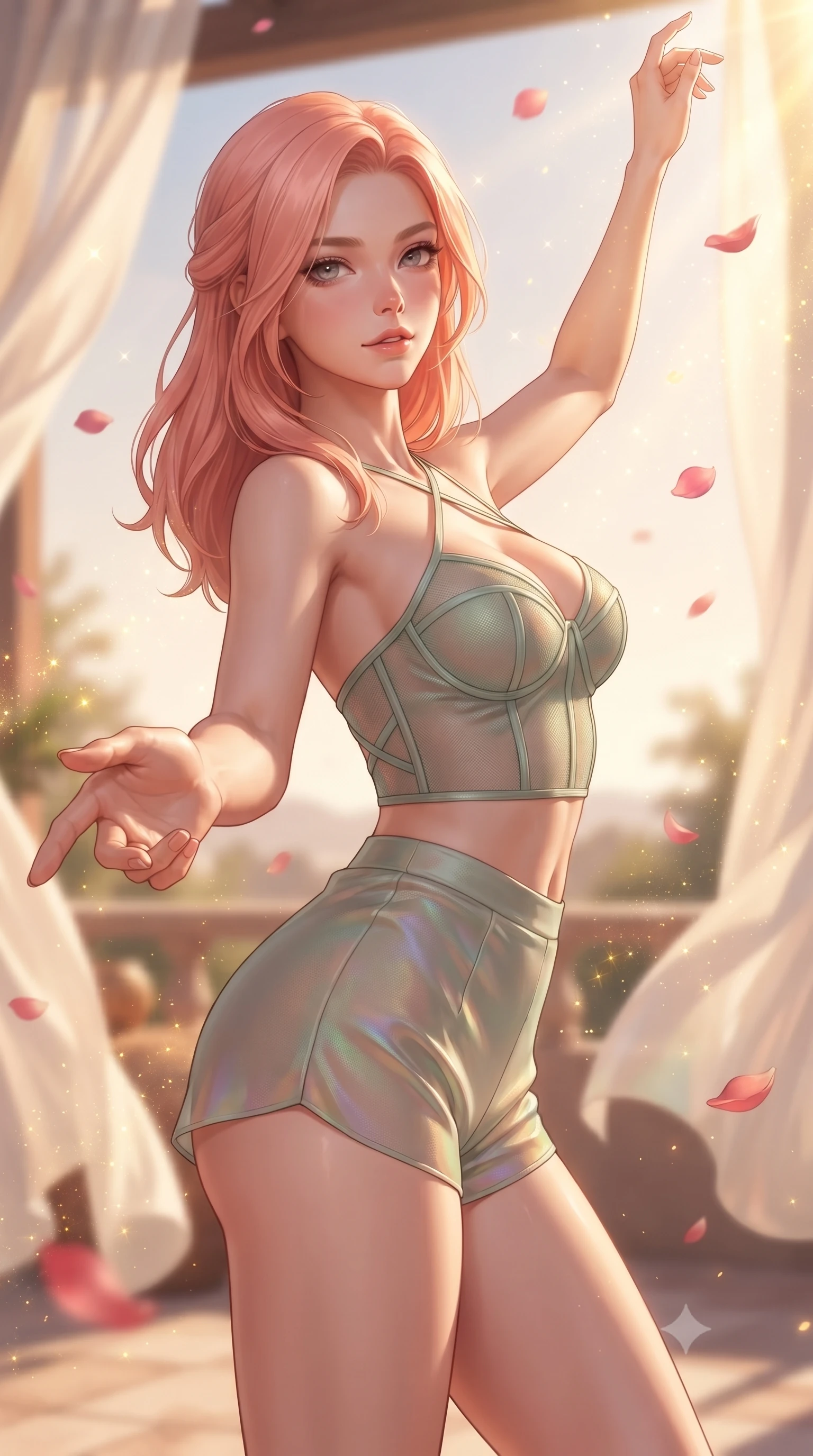 score_9, masterpiece, best quality, ultra-detailed, high-budget anime keyframe, editorial fashion photography, tasteful artistic composition, Japanese woman. close-up cowboy shot from the waist and thighs up, the character dominates the composition, filling the frame with her large presence, background elements kept in soft focus. Reaching her hand gracefully toward the camera with magnetic allure, her torso turning in a dynamic S-curve alignment while reaching one arm toward the open sky as billowing silk gossamer curtains flutter nearby, floating rose petals and golden solar dust sparkling in the warm air. She has an exceptionally elegant, slender, and willowy female figure with an ultra-slim waist, a gracefully sculpted slender torso, and a refined silhouette. sharp v-shaped jawline, high-bridge nose, intricate jewel-like eyes with depth, thick eyelashes, glossy lips with a natural sheen, flawlessly proportioned anatomical accuracy, natural body alignment, perfectly sculpted elegant limbs, clean dynamic posture without body distortion. wearing a delicate see-through mesh top with structured cup boning and micro-shorts in sage green and oatmeal, crafted from iridescent chiffon that shifts colors in the light, complemented by criss-cross back straps highlighting her bare shoulders, the sleek second-skin texture accentuating her magnetic presence. bathed in glorious golden hour sunbeams and warm rose-gold ambient light. ultra-reflective glossy finish, specular highlights, metallic sheen, high-contrast stereoscopic depth, volumetric dynamic lighting, 2k, ultra detail, master piece, 9:16 ratio